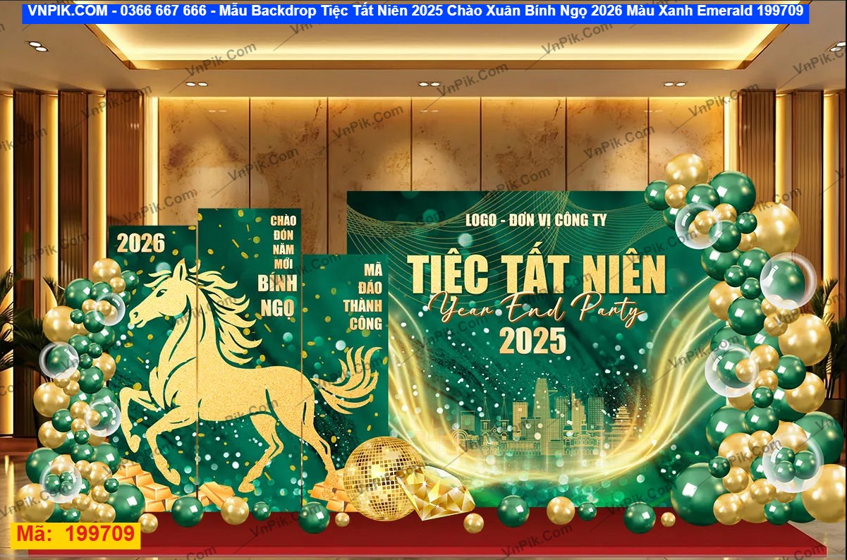 Mẫu Backdrop Tiệc Tất Niên 2025 Chào Xuân Bính Ngọ 2026 Màu Xanh Emerald 199709