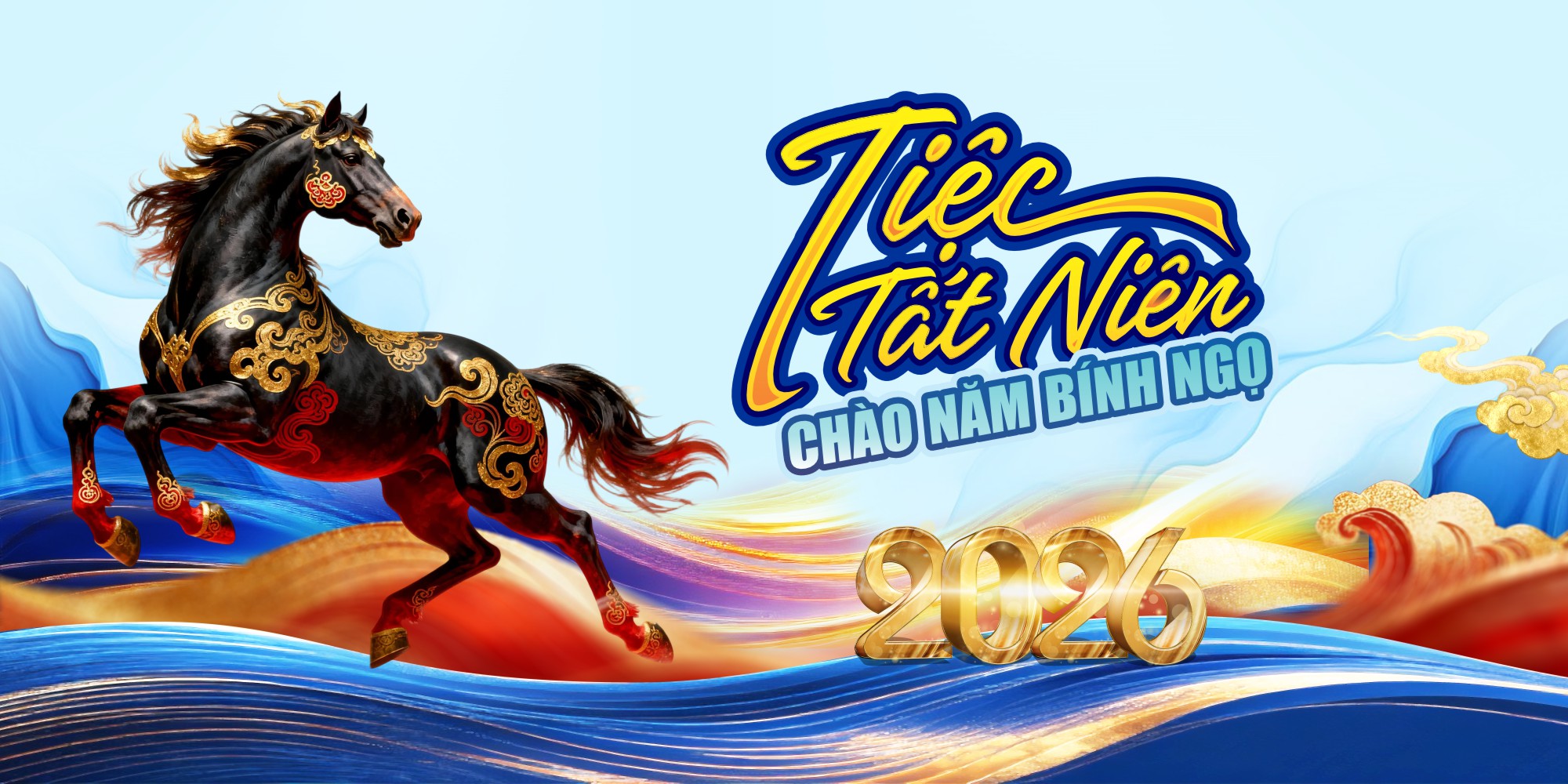 Banner Tiệc Tất Niên Chào Năm Bính Ngọ 2026 Phối Màu Xanh Đỏ