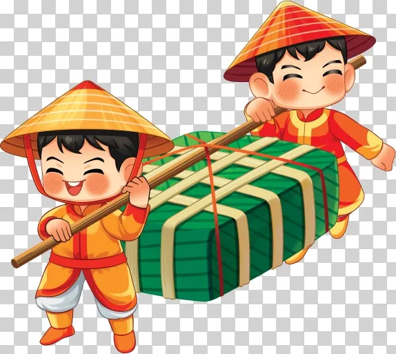 Hai bé trai khiêng bánh chưng đón Tết minh họa