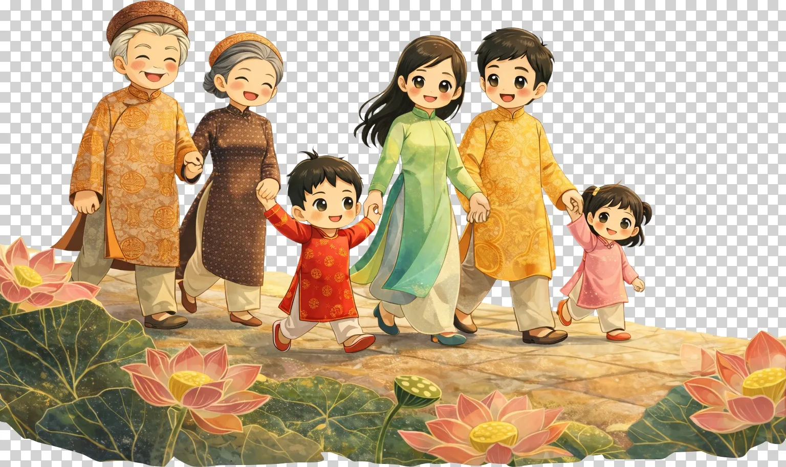 Gia đình đi du xuân bên hoa sen rực rỡ