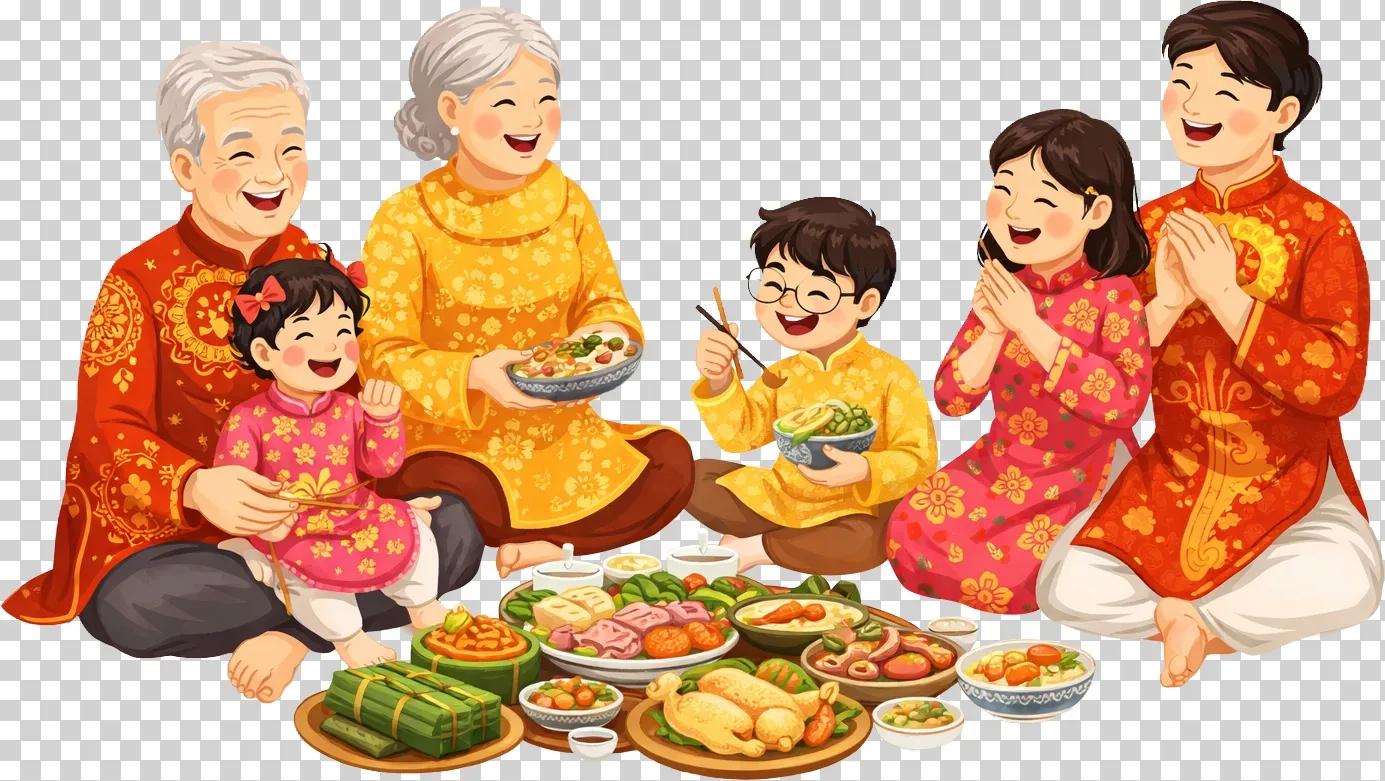 Ông bà và con cháu chúc tết hạnh phúc