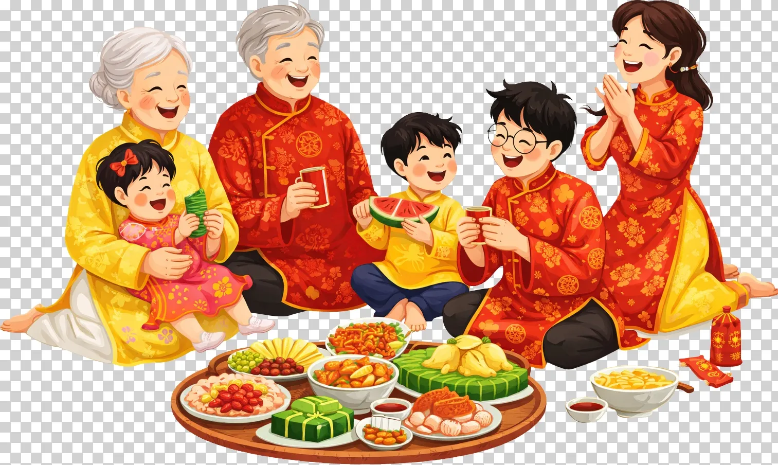 Gia đình thưởng thức bánh mứt Tết bên mâm quả