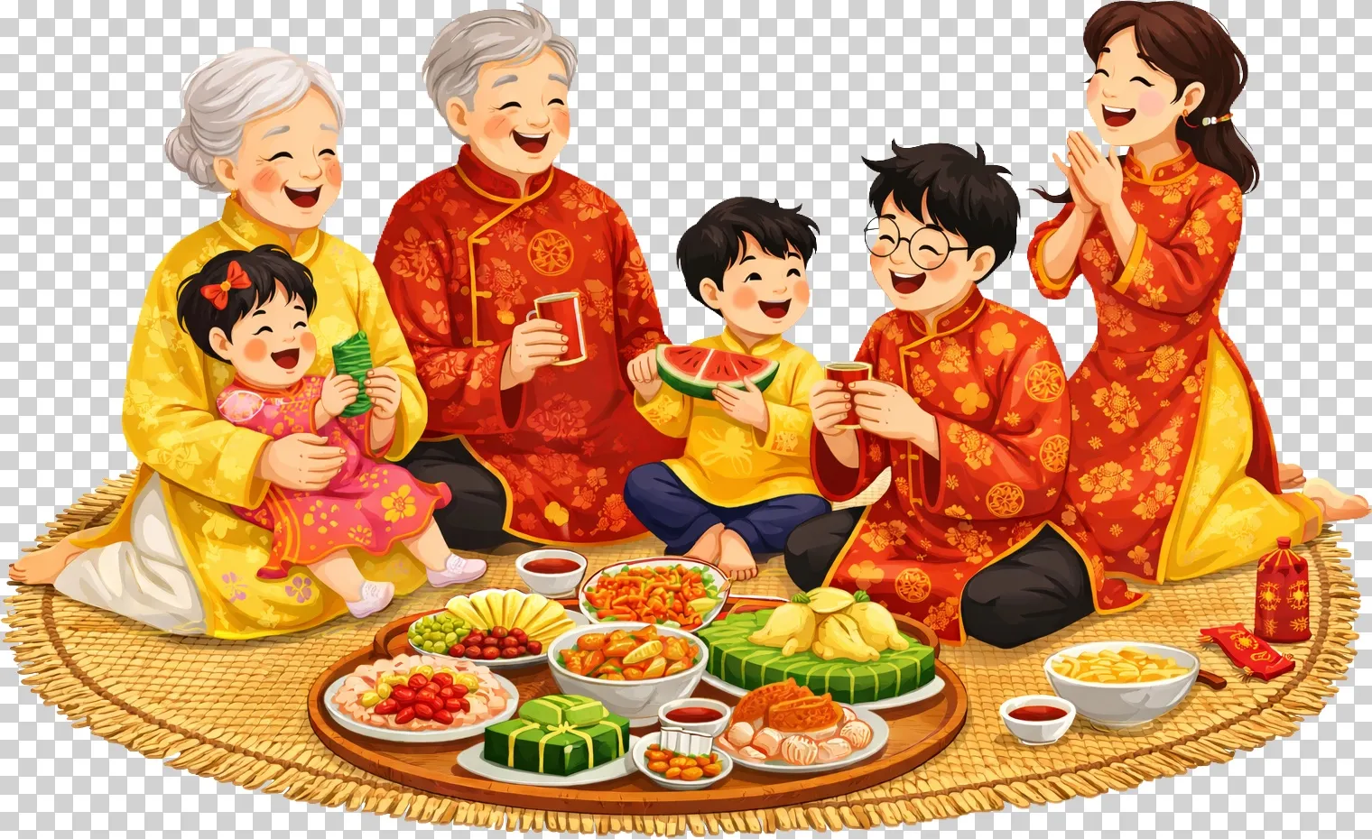 Trẻ em vui chơi đón Tết bên mâm bánh mứt