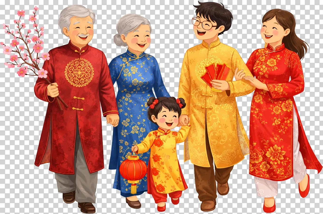 Gia đình đi chúc Tết mang theo cành đào xuân