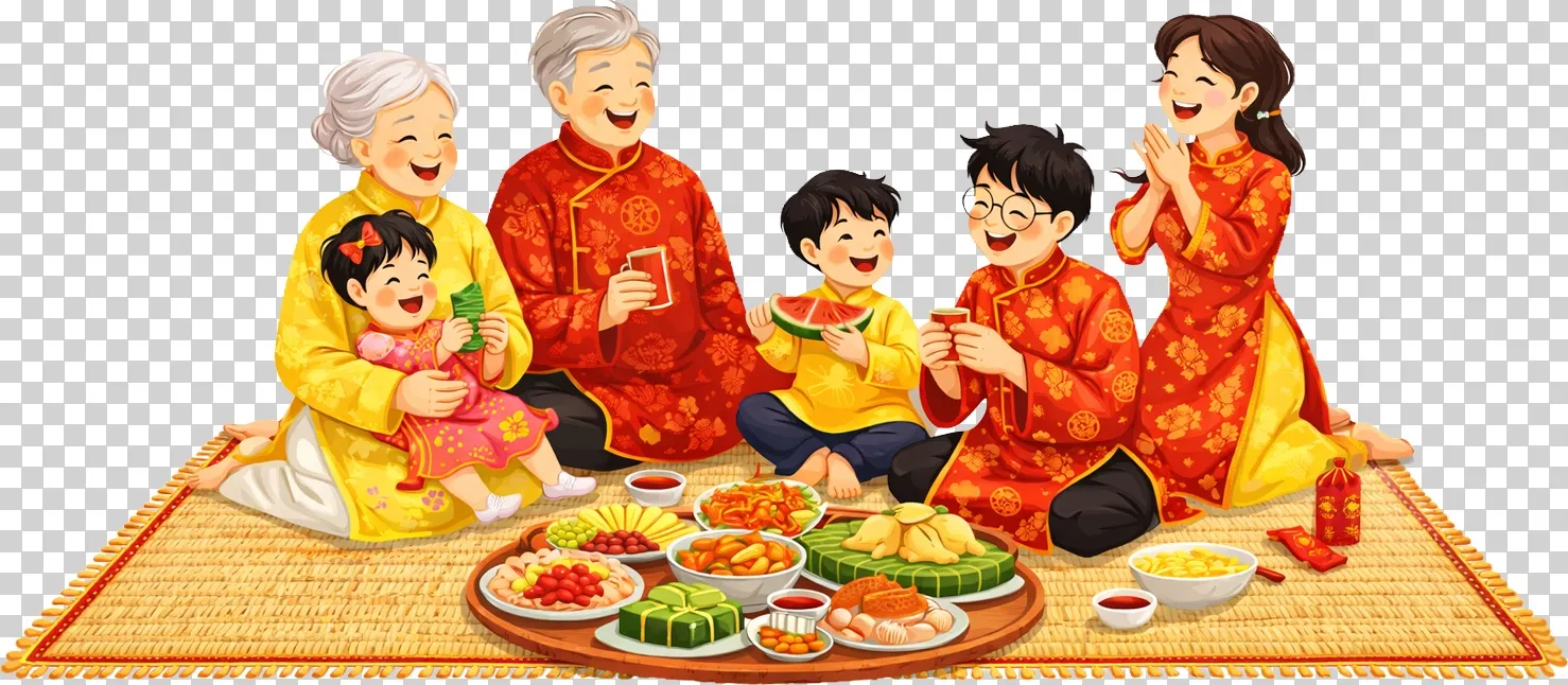 Bữa tiệc trà và bánh mứt Tết gia đình sum họp