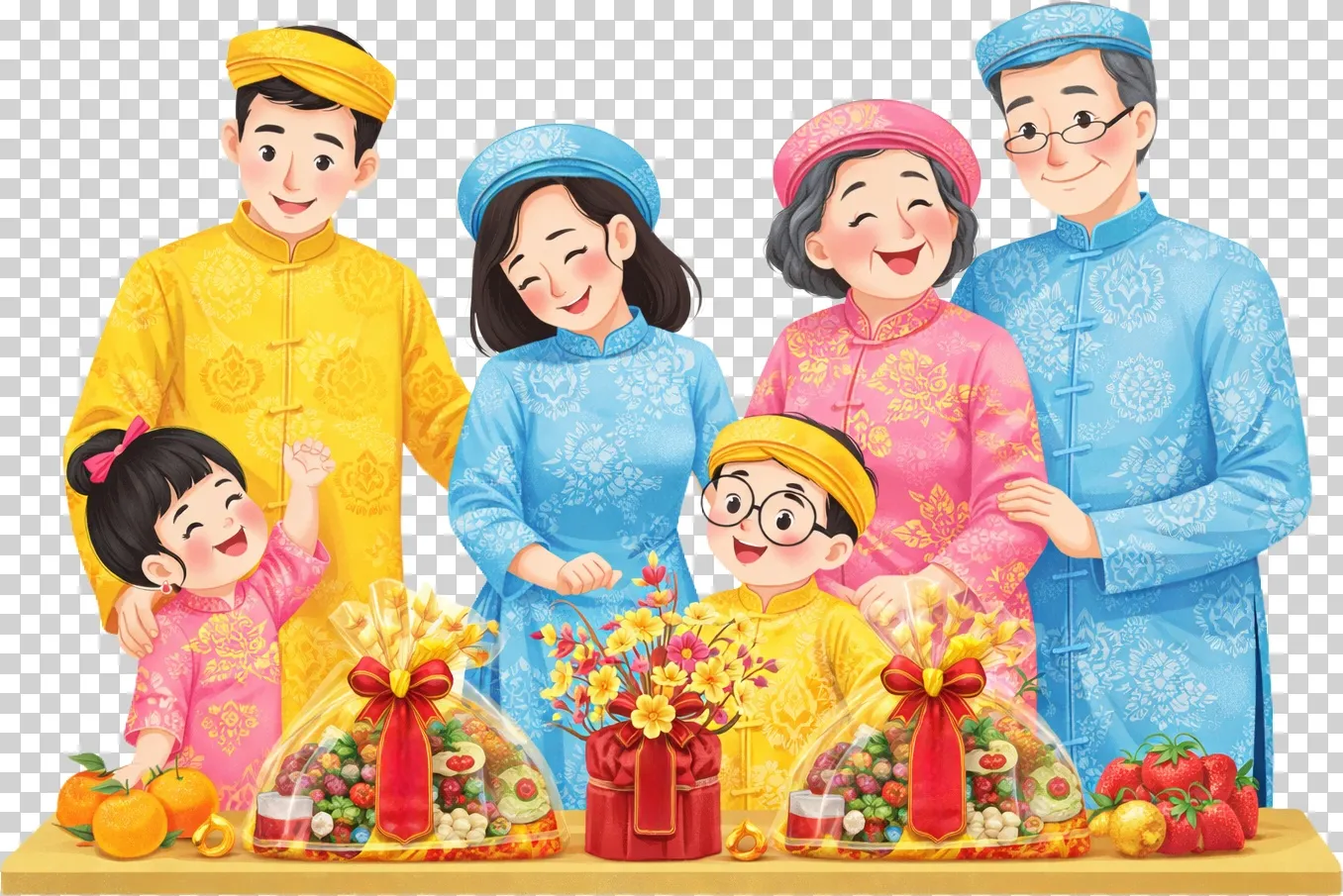 Gia đình mặc áo dài xanh vàng bên giỏ trái cây