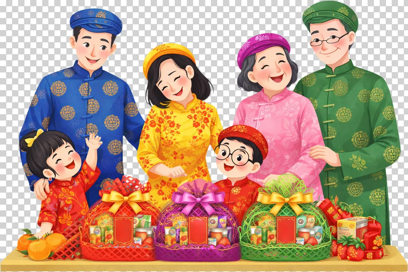 Các thế hệ gia đình bên những giỏ quà Tết đa sắc