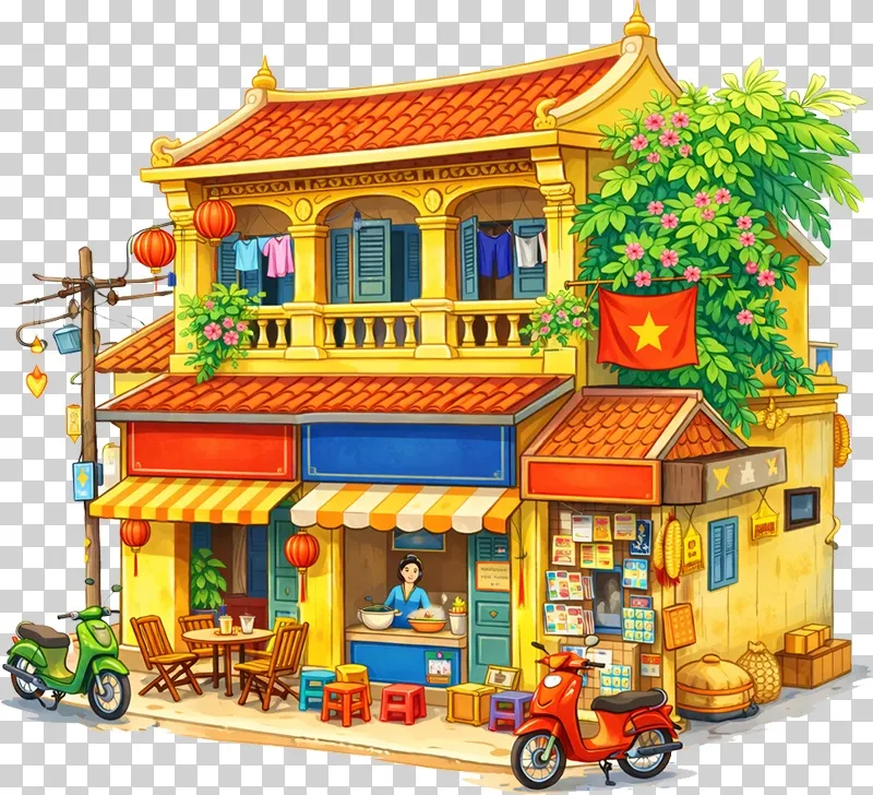 Cửa hàng phố cổ trang trí đèn lồng đón Tết