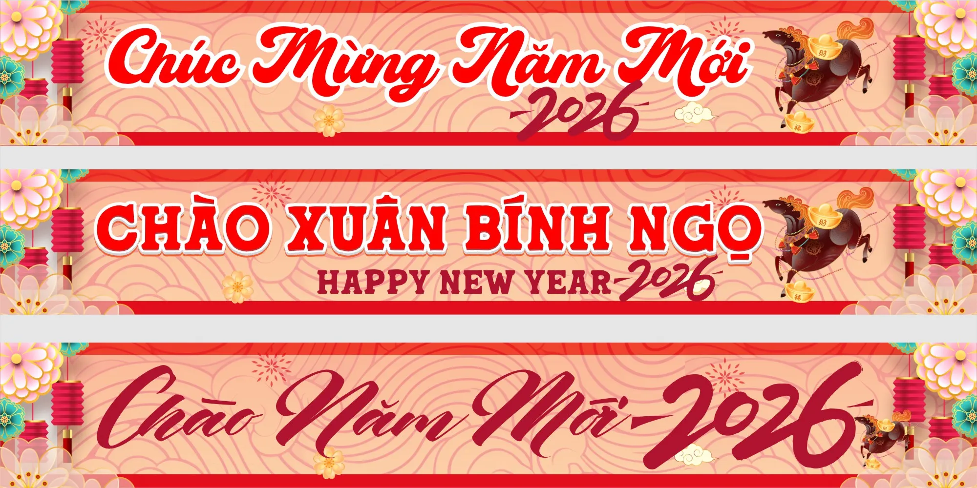 Băng Rôn Chúc Mừng Năm Mới 2026 Họa Tiết Ngựa Vàng