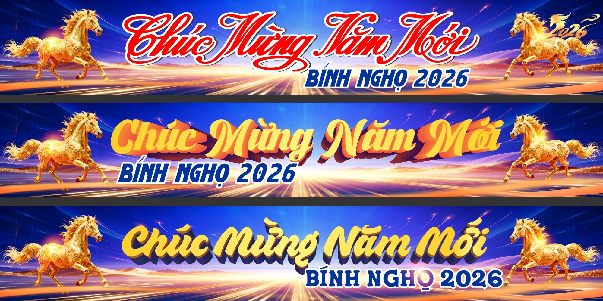 Banner Tết 2026 Phối Cảnh 3D Ngựa Vàng Sang Trọng