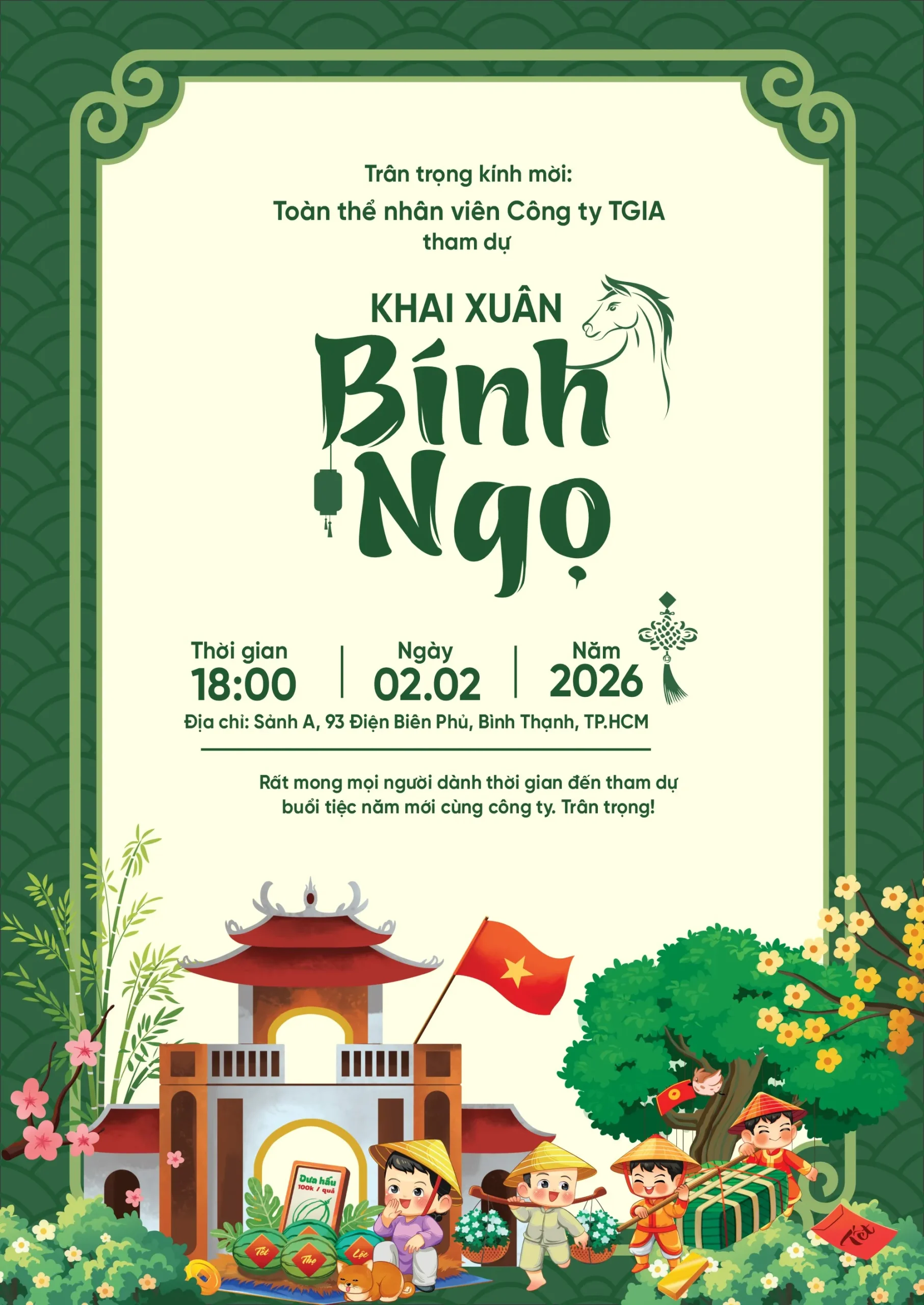 Mẫu Backdrop Khai Xuân Bính Ngọ 2026 Màu Xanh Ngọc