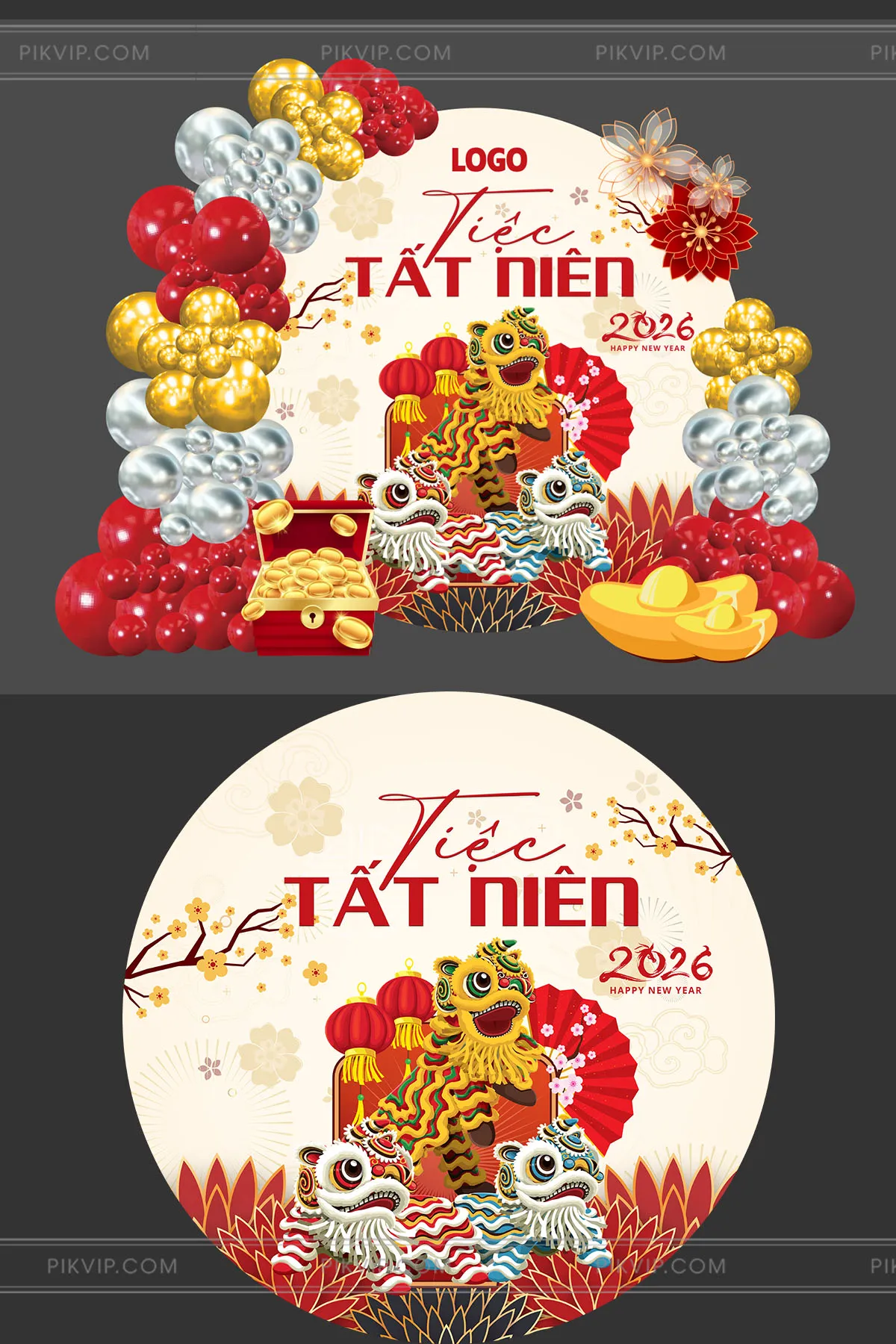 Backdrop Tiệc Tất Niên 2026 Hình Tròn Múa Lân