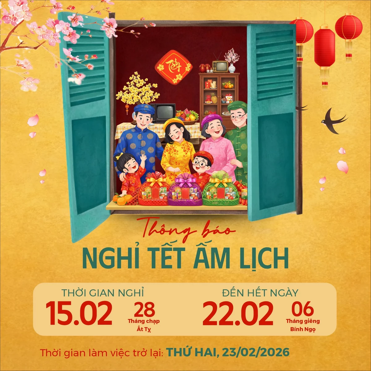 Thông Báo Nghỉ Tết Bính Ngọ 2026 – Khung Cửa Sổ
