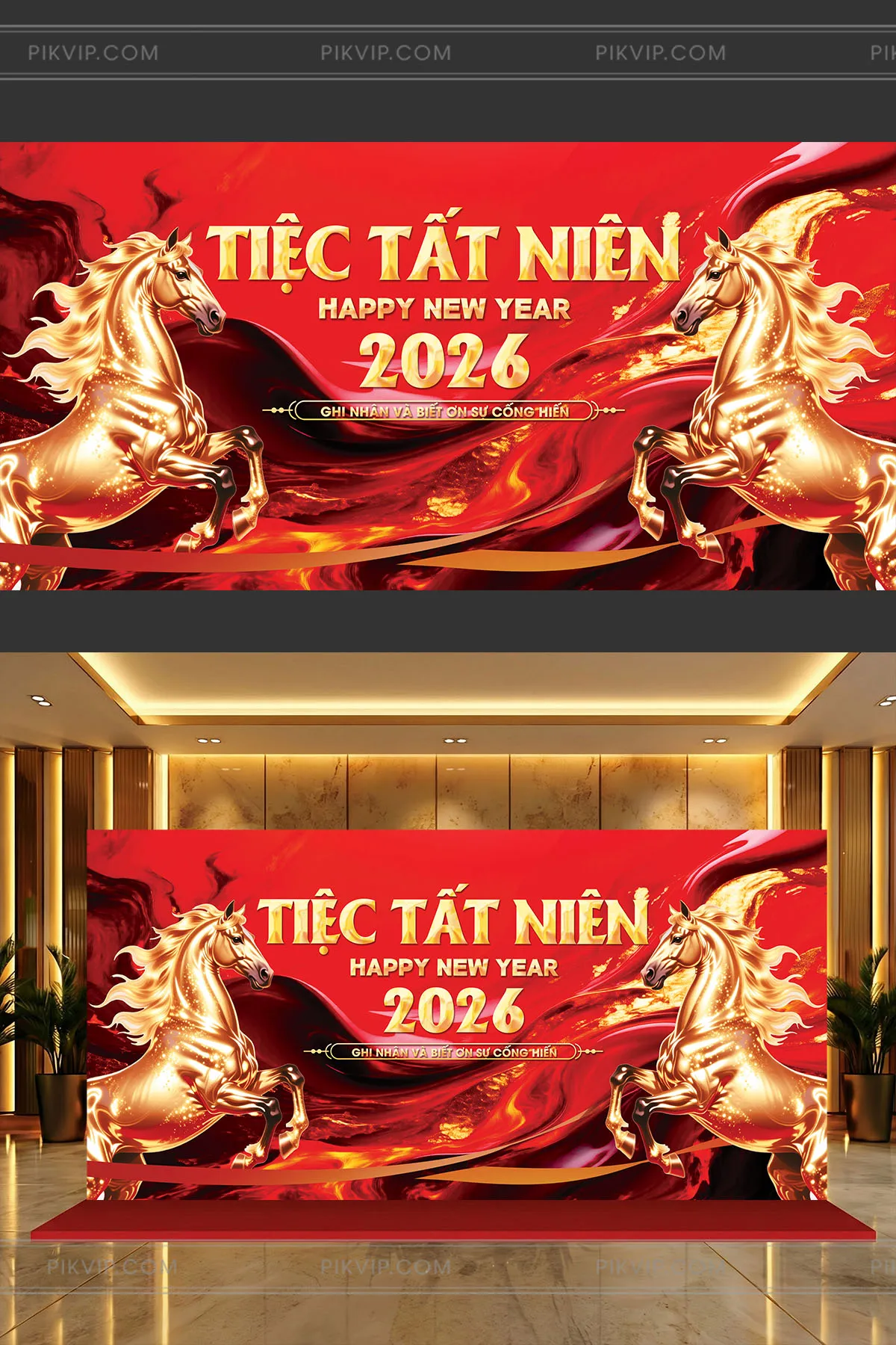 Backdrop Gala Dinner Tất Niên 2026 Màu Đỏ Sang Trọng Hình Tượng Song Mã