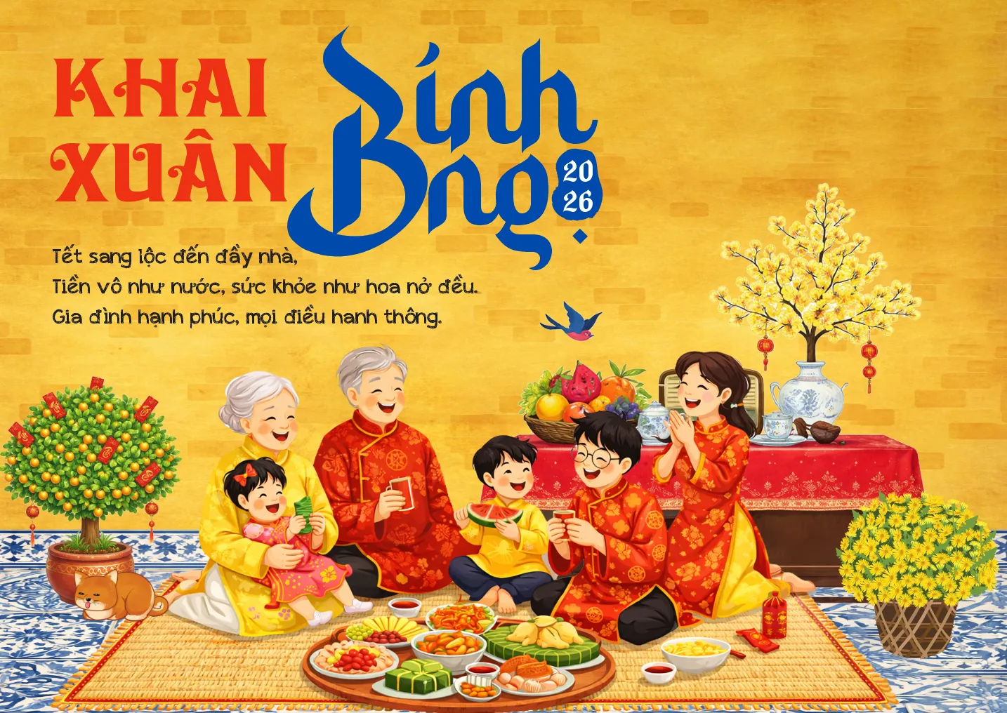 Tranh vẽ gia đình sum vầy ngày Tết Bính Ngọ 2026