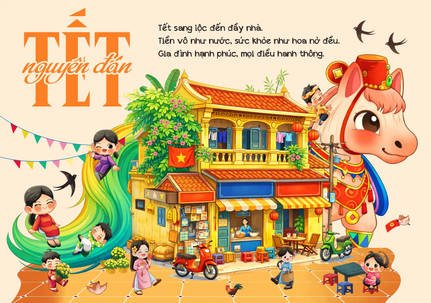 Thiáº¿t káº¿ phá»i cáº£nh Táº¿t NguyÃªn ÄÃ¡n phá» cá» Viá»t Nam