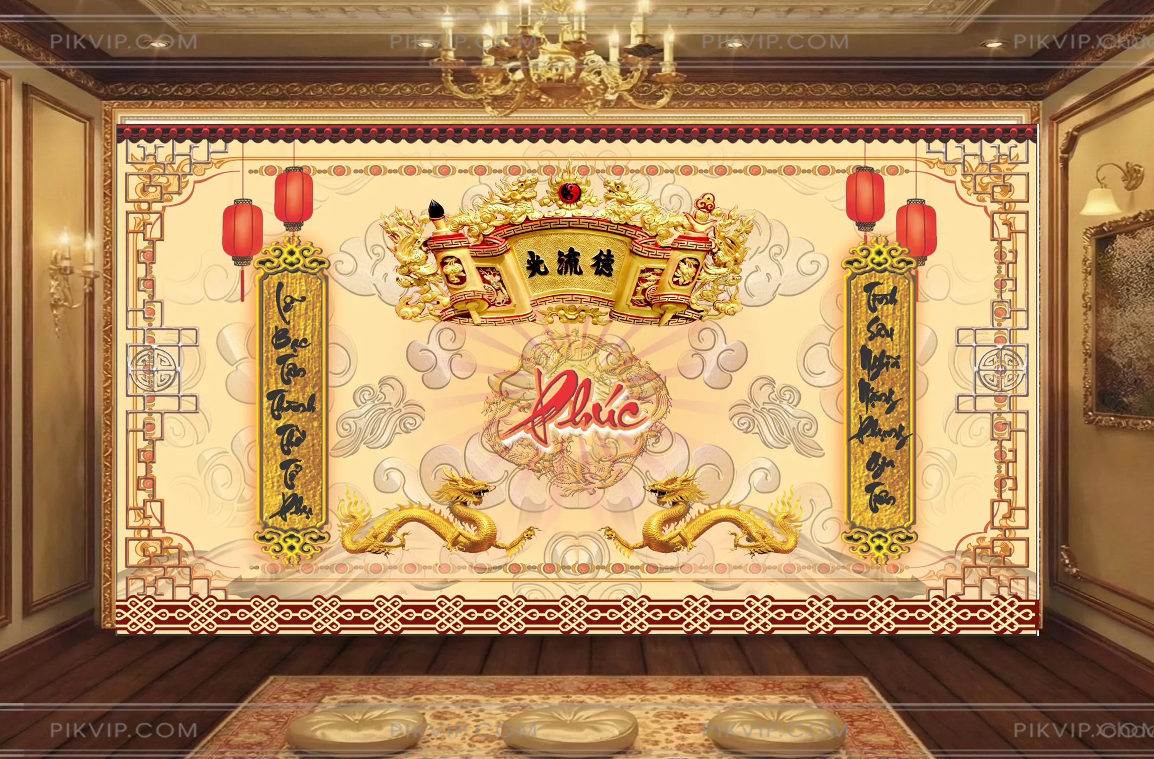 Phông hậu bàn thờ gia tiên song long và chữ Phúc