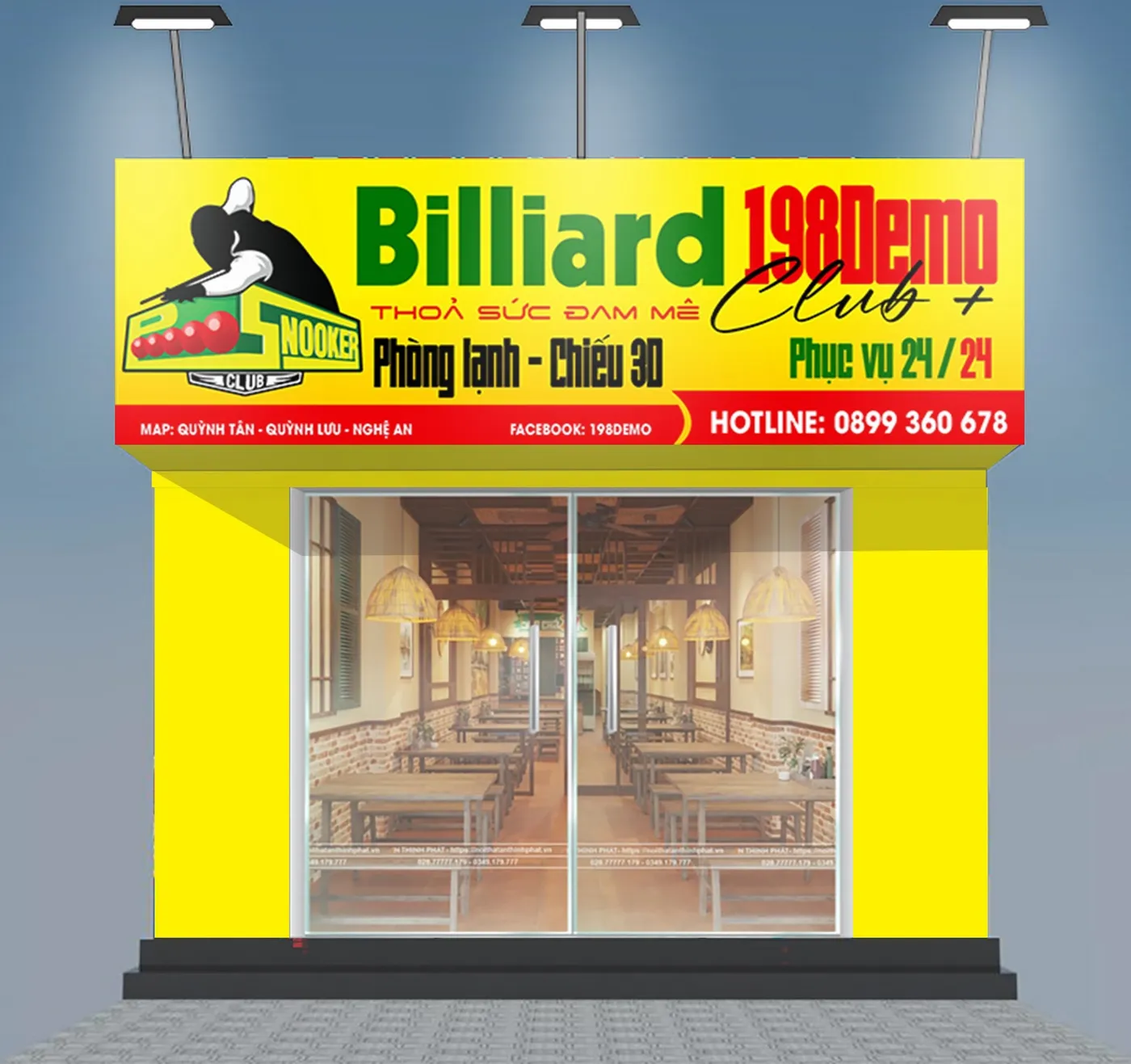 Mẫu bảng hiệu CLB Billiards 198Demo Club màu vàng