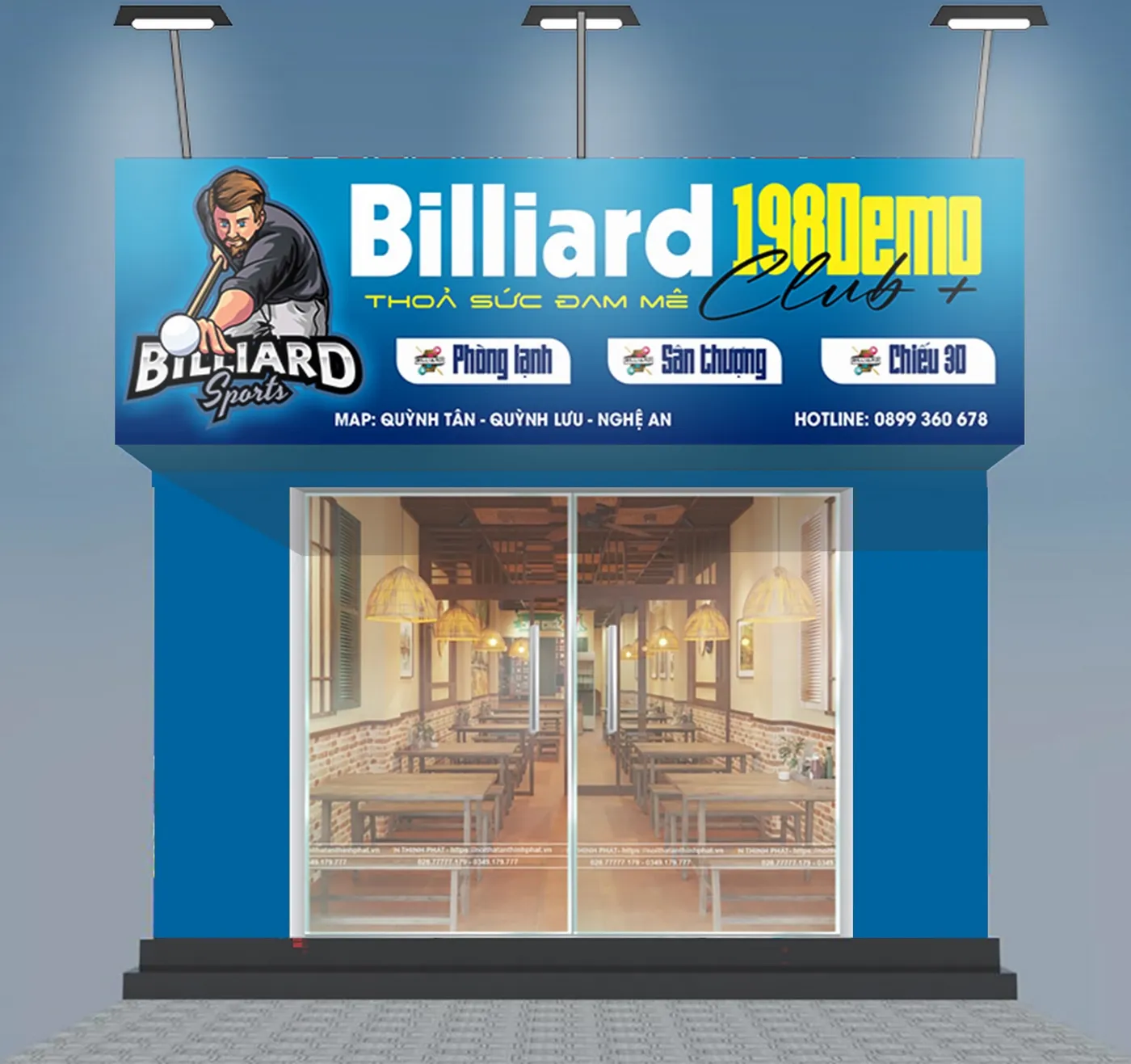 Mẫu bảng hiệu Billiards 198Demo Club Xanh Dương