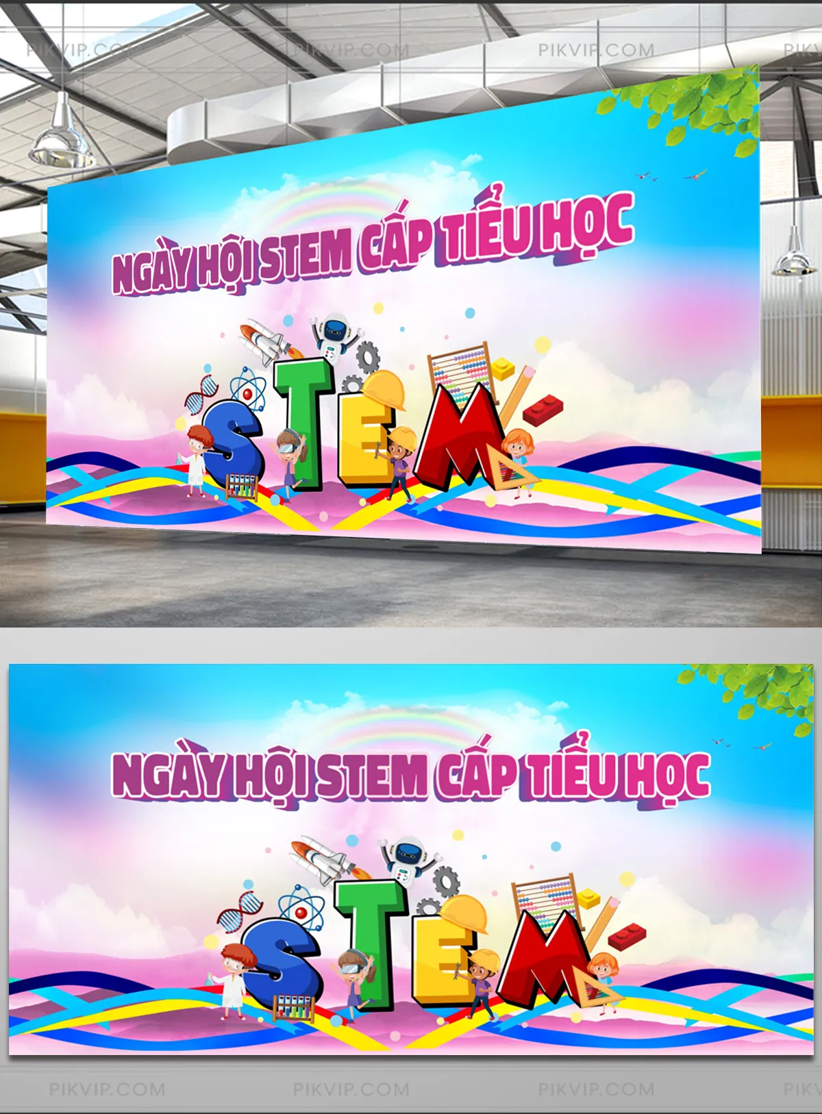 Backdrop Ngày hội STEM cấp Tiểu học màu sắc sinh động