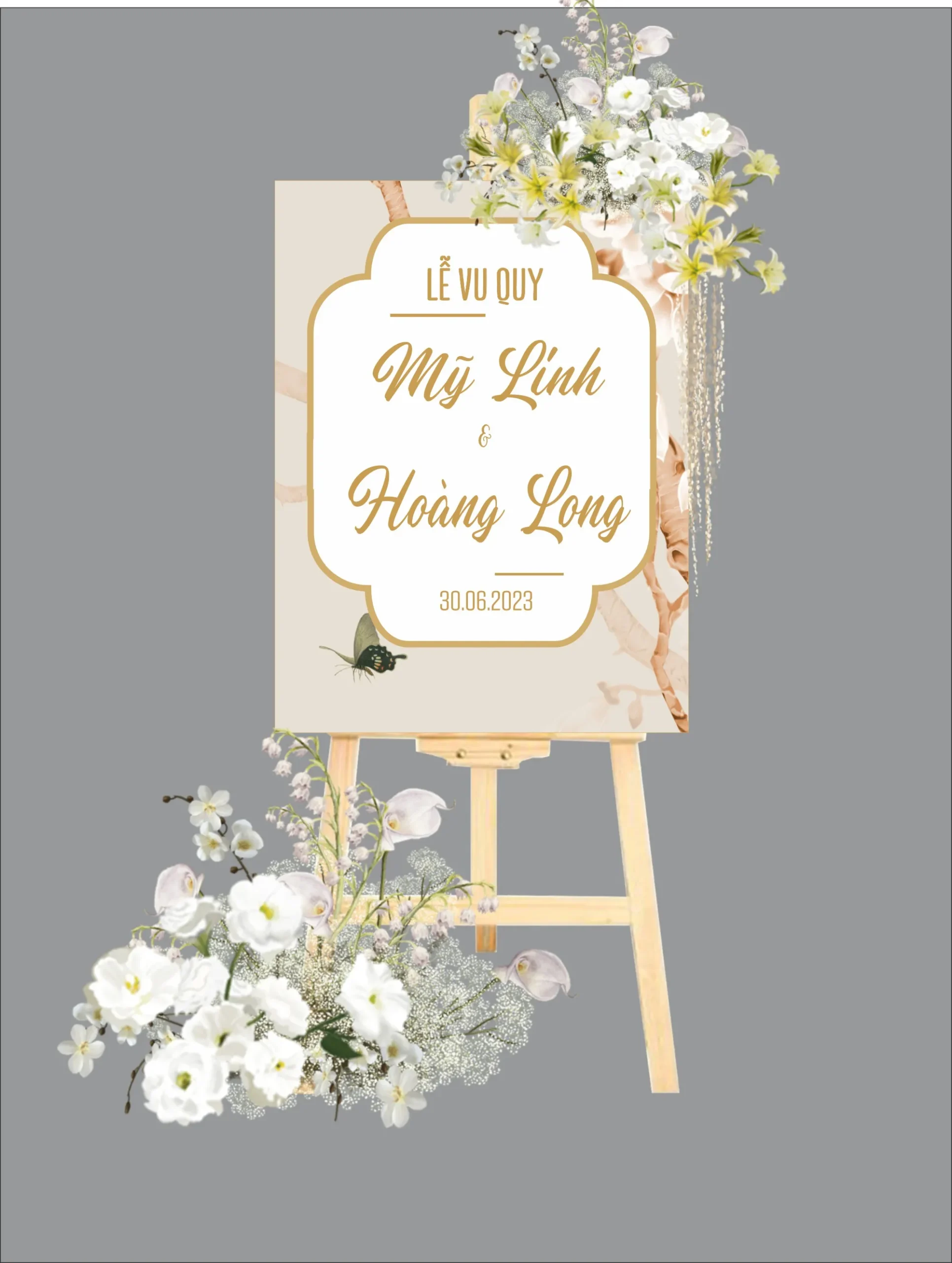 Mẫu bảng Welcome Lễ Vu Quy tone trắng kem thanh lịch