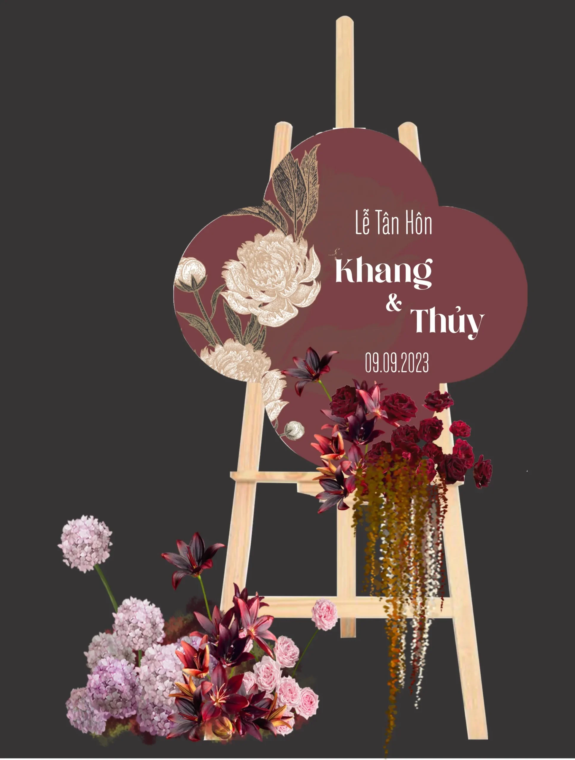 Thiết kế bảng Lễ Tân Hôn hình đám mây màu đỏ đô