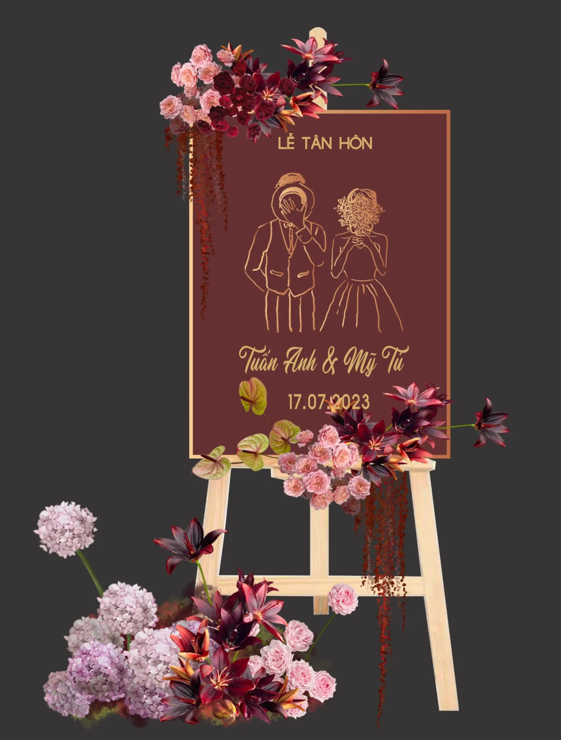 Bảng Lễ Tân Hôn vẽ nét Line Art tối giản