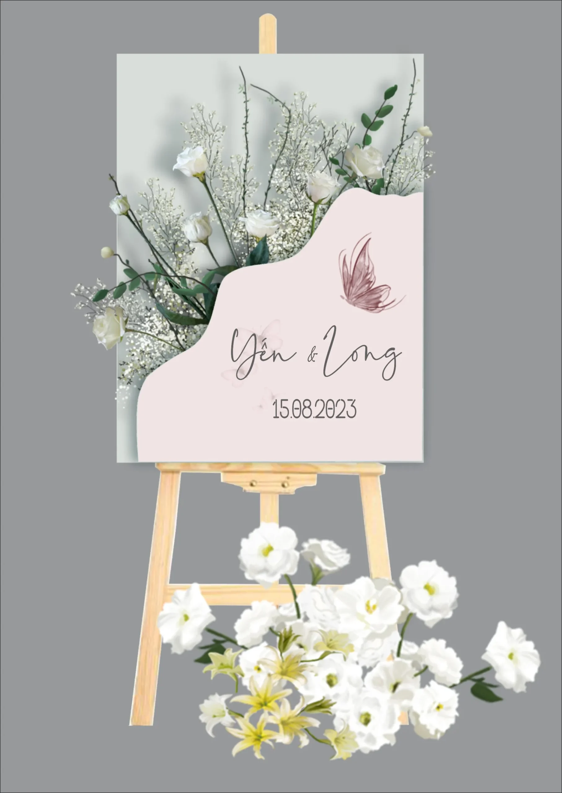 Mẫu bảng Welcome cắt lượn sóng vẽ tay con bướm