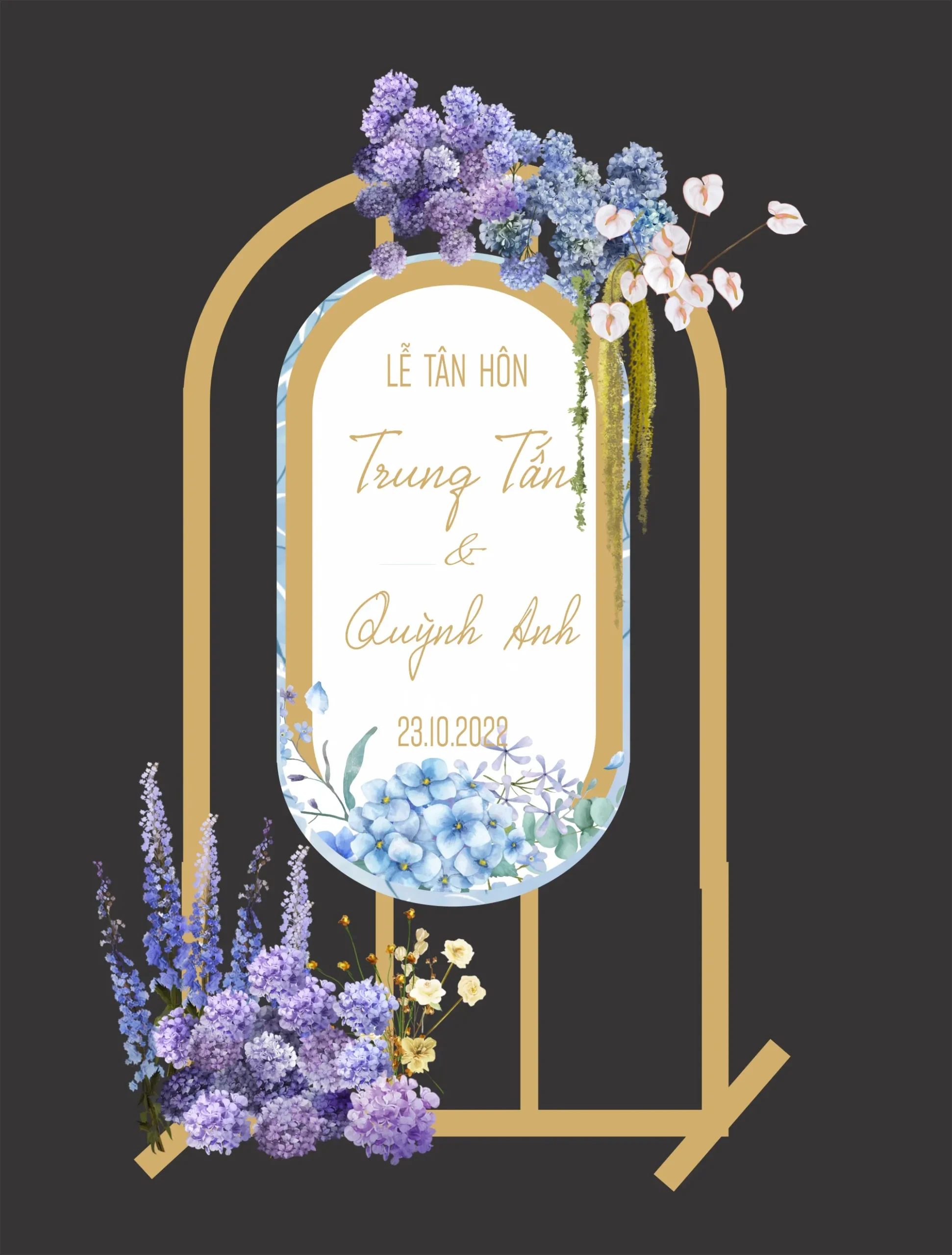 Bảng Lễ Tân Hôn khung vòm Gold phối hoa cẩm tú cầu