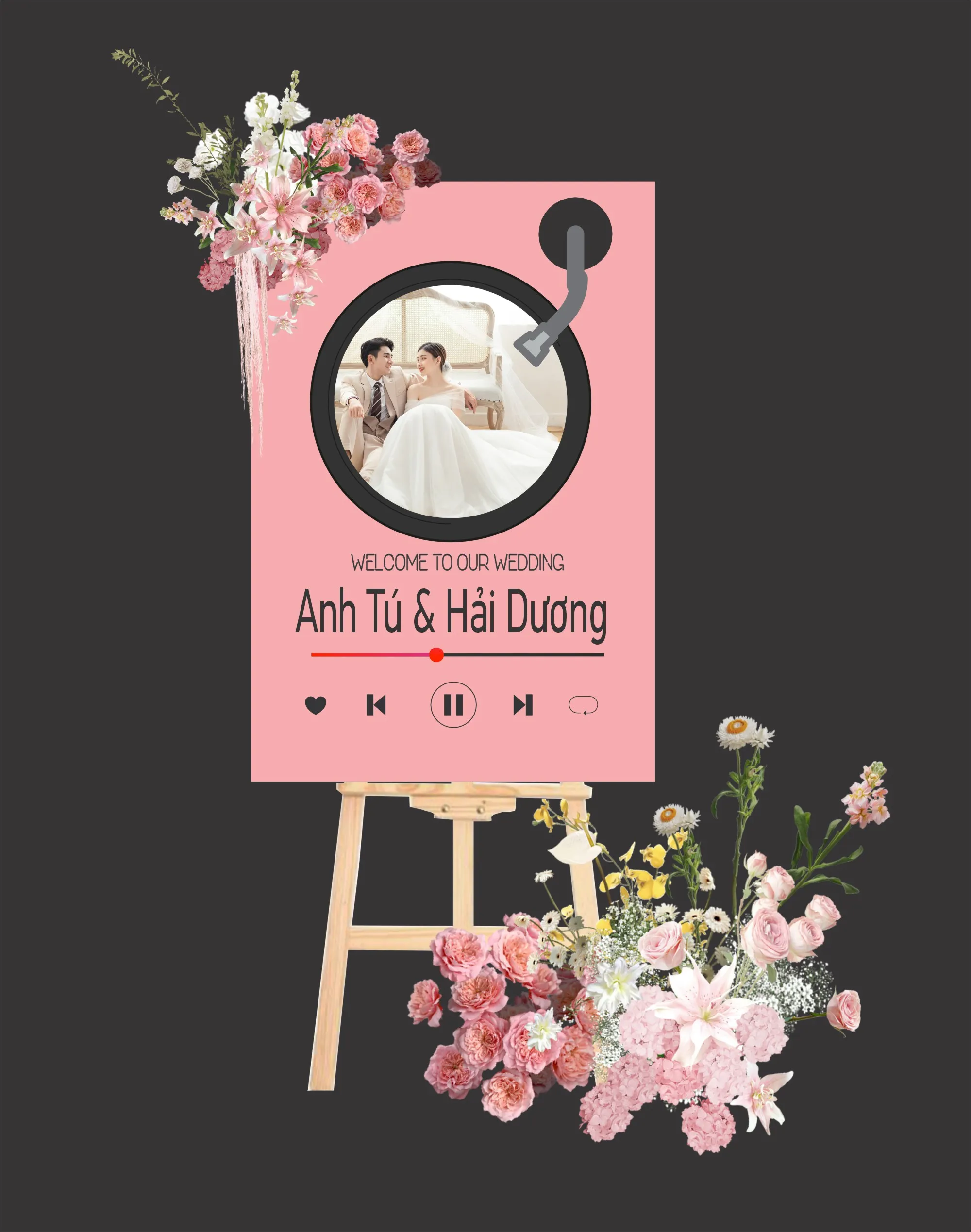 Mẫu bảng Welcome Wedding đĩa than Spotify màu hồng
