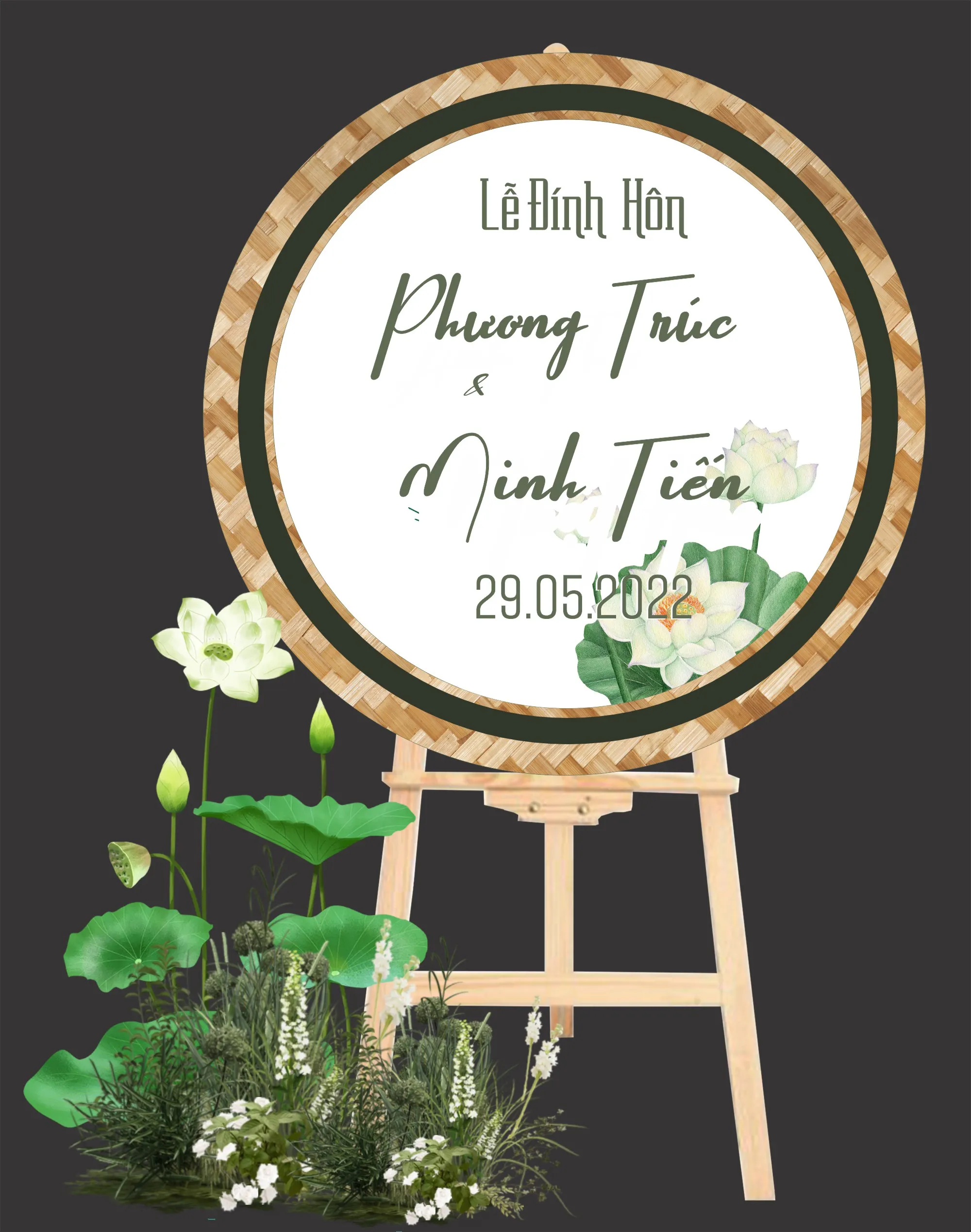 Bảng Lễ Đính Hôn hình tròn mẹt tre hoa sen trắng