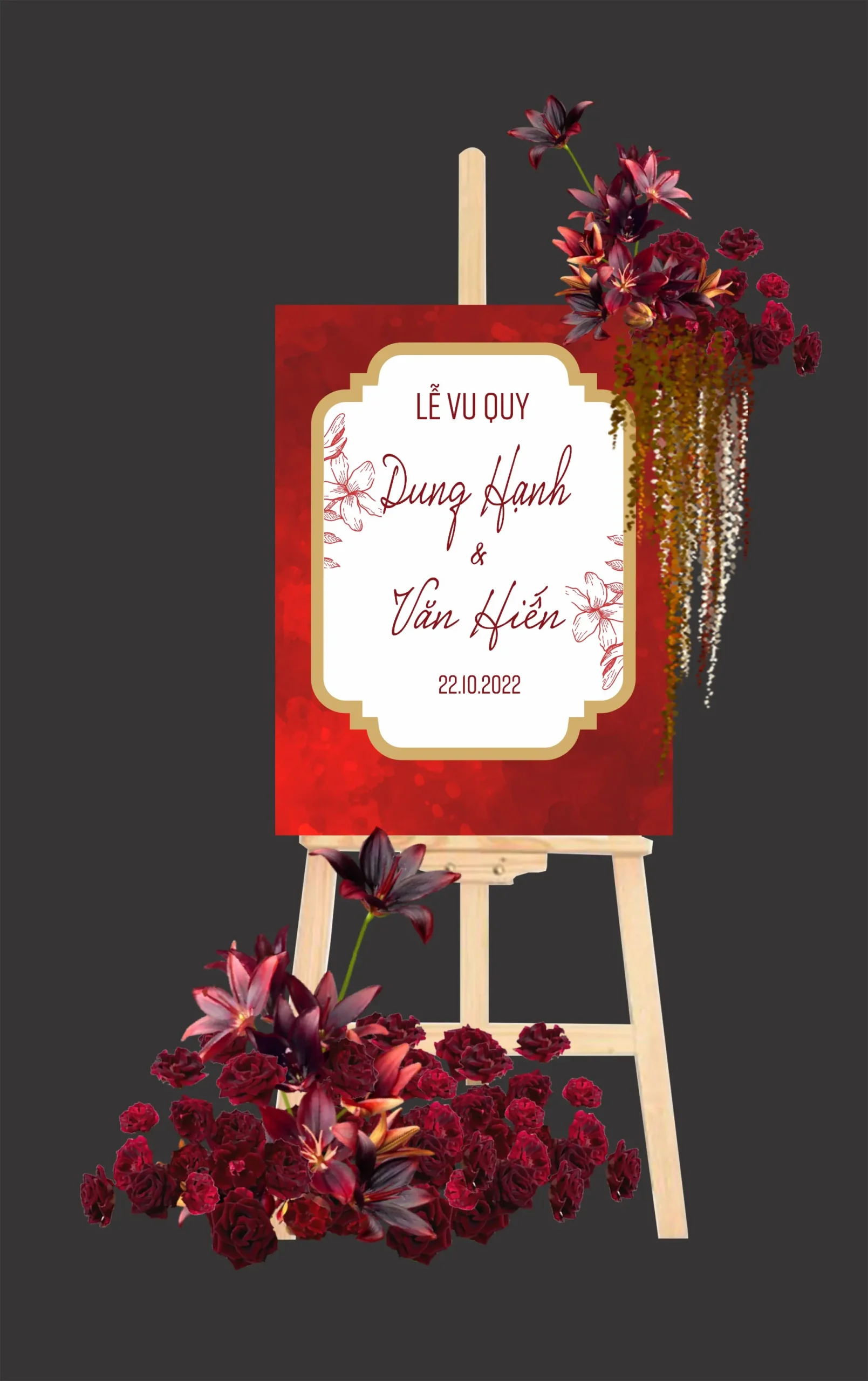 Bảng Lễ Vu Quy màu đỏ thẫm hoa Lan tím sang trọng