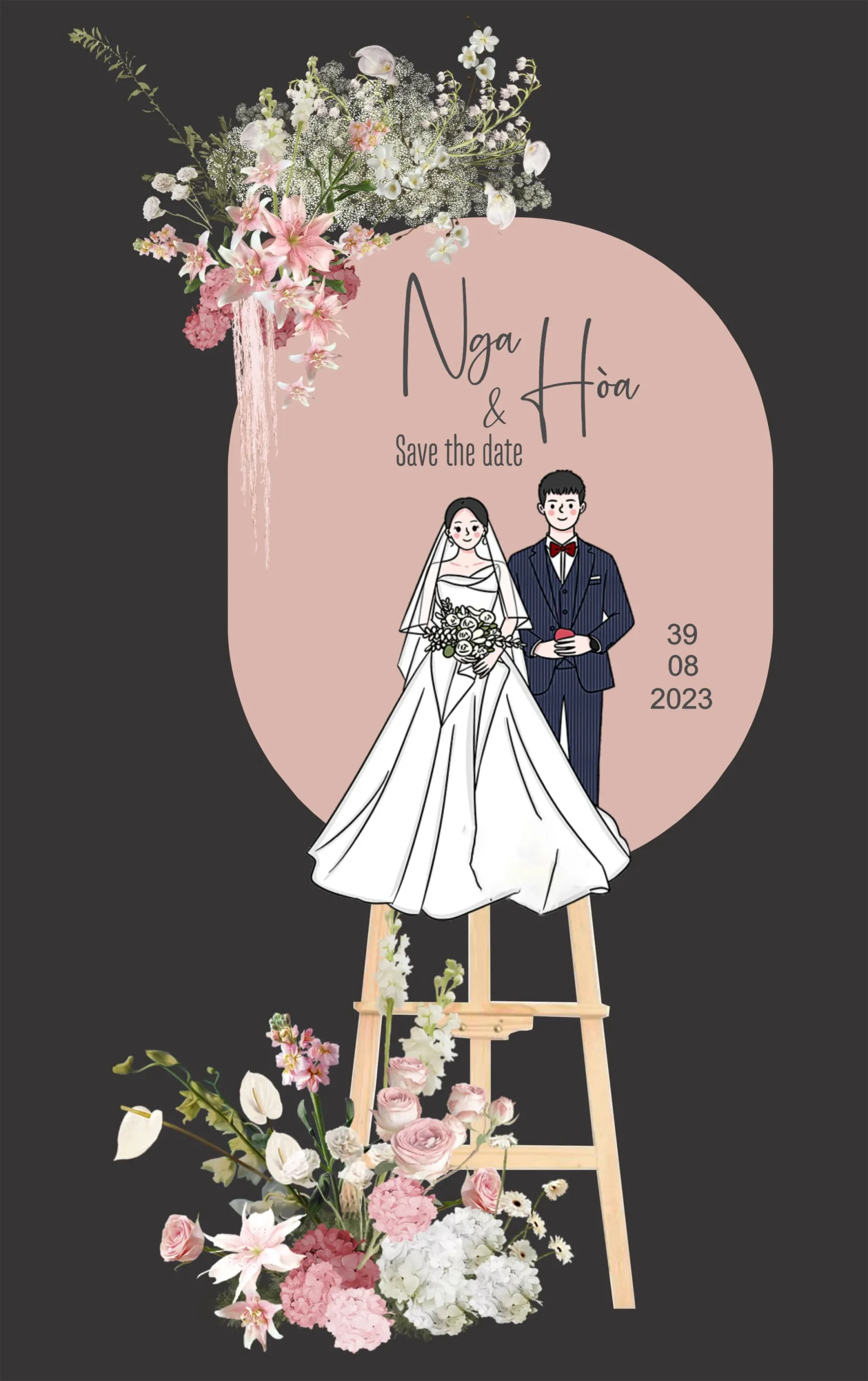 Bảng Save The Date vẽ minh họa Chibi cô dâu chú rể