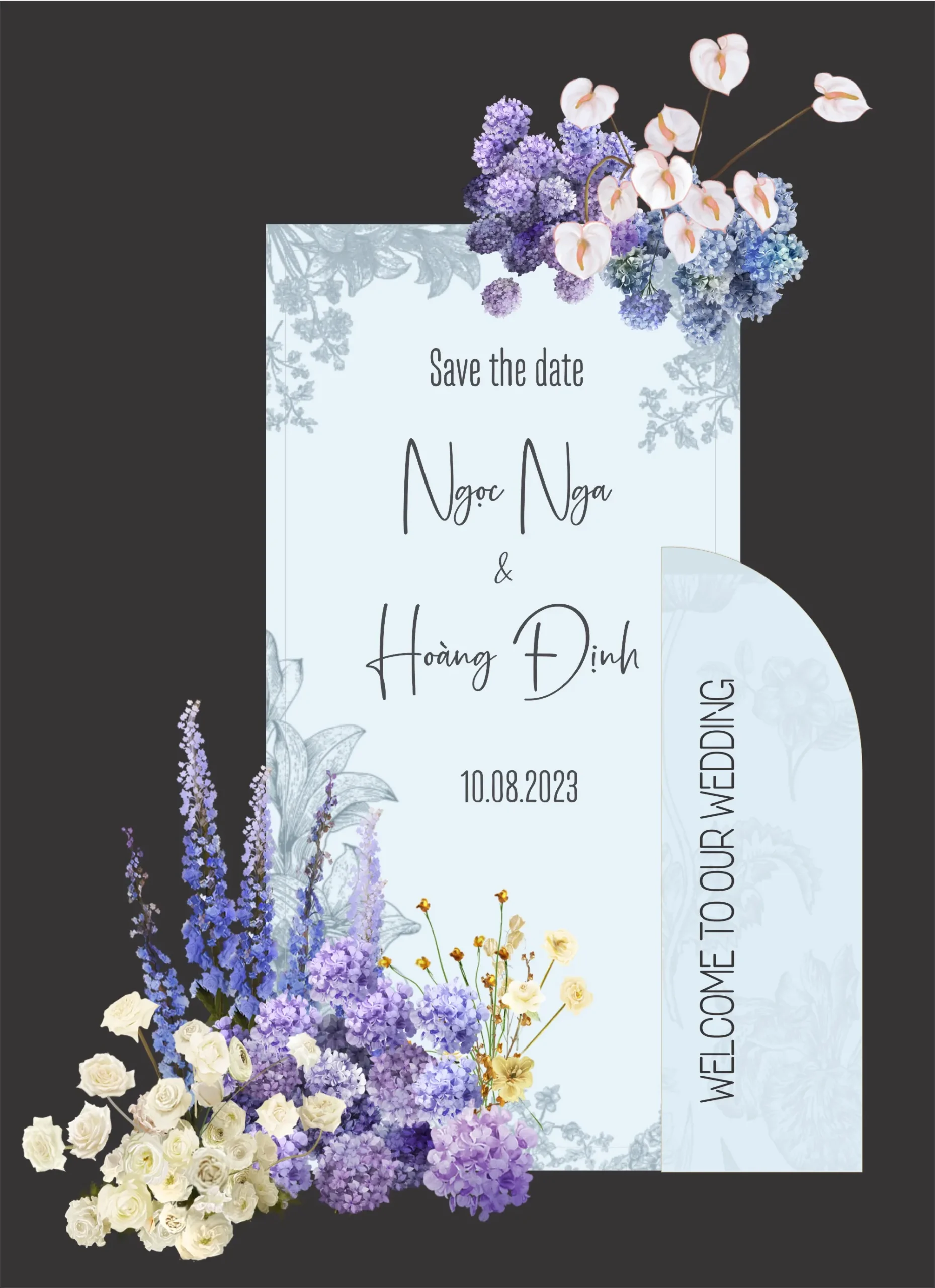 Mẫu bảng Welcome Wedding tone xanh dương phối hoa tím