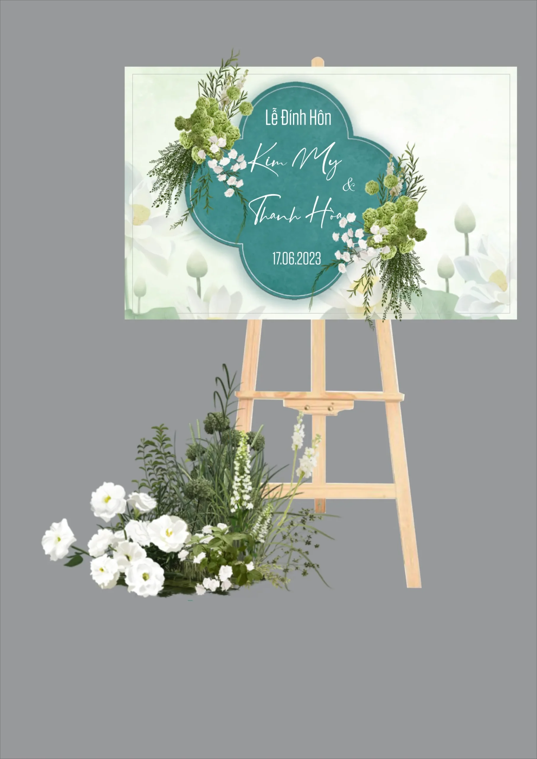 Bảng Lễ Đính Hôn hình hoa bốn lá tone xanh ngọc