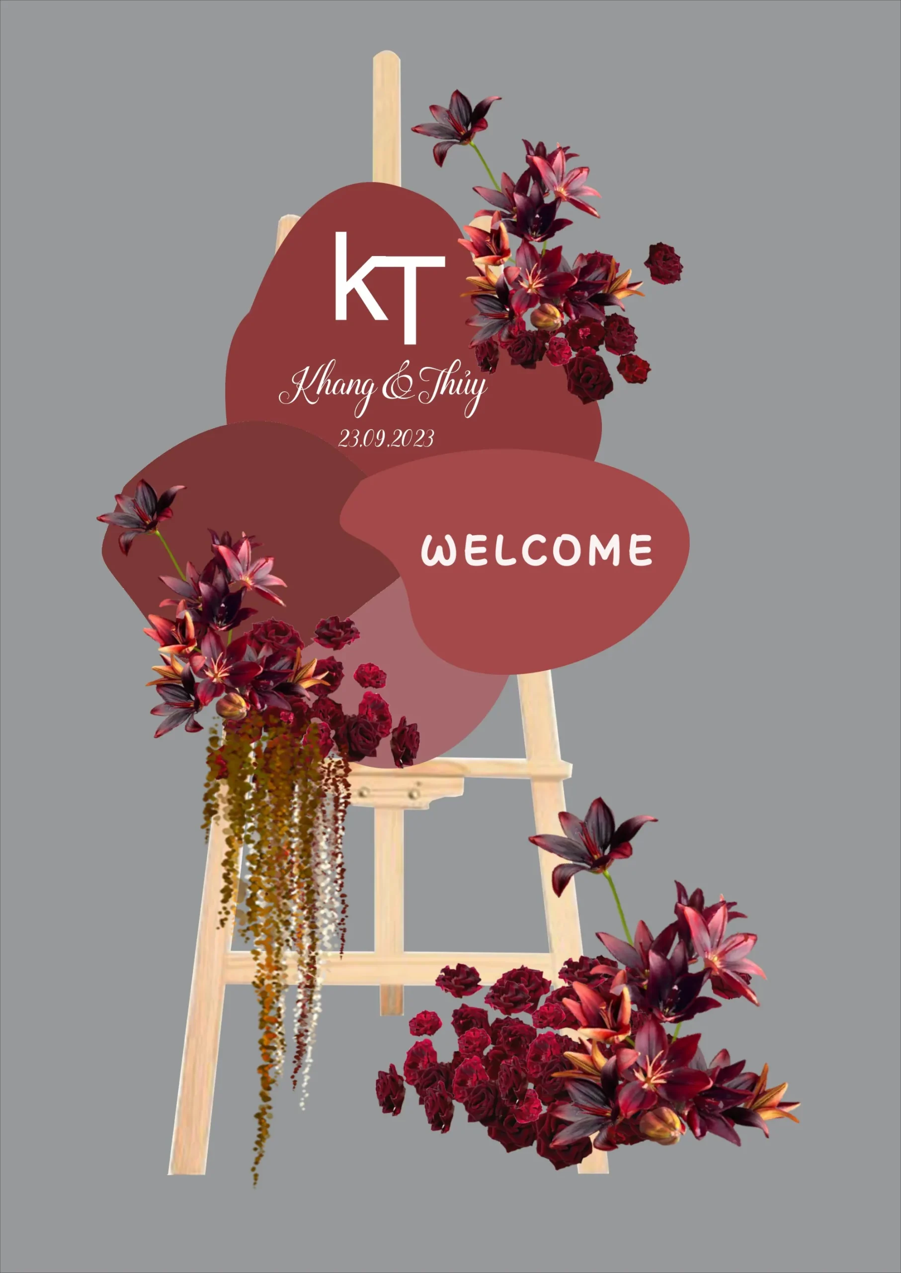 Bảng Welcome phối khối tự do tone đỏ rượu vang