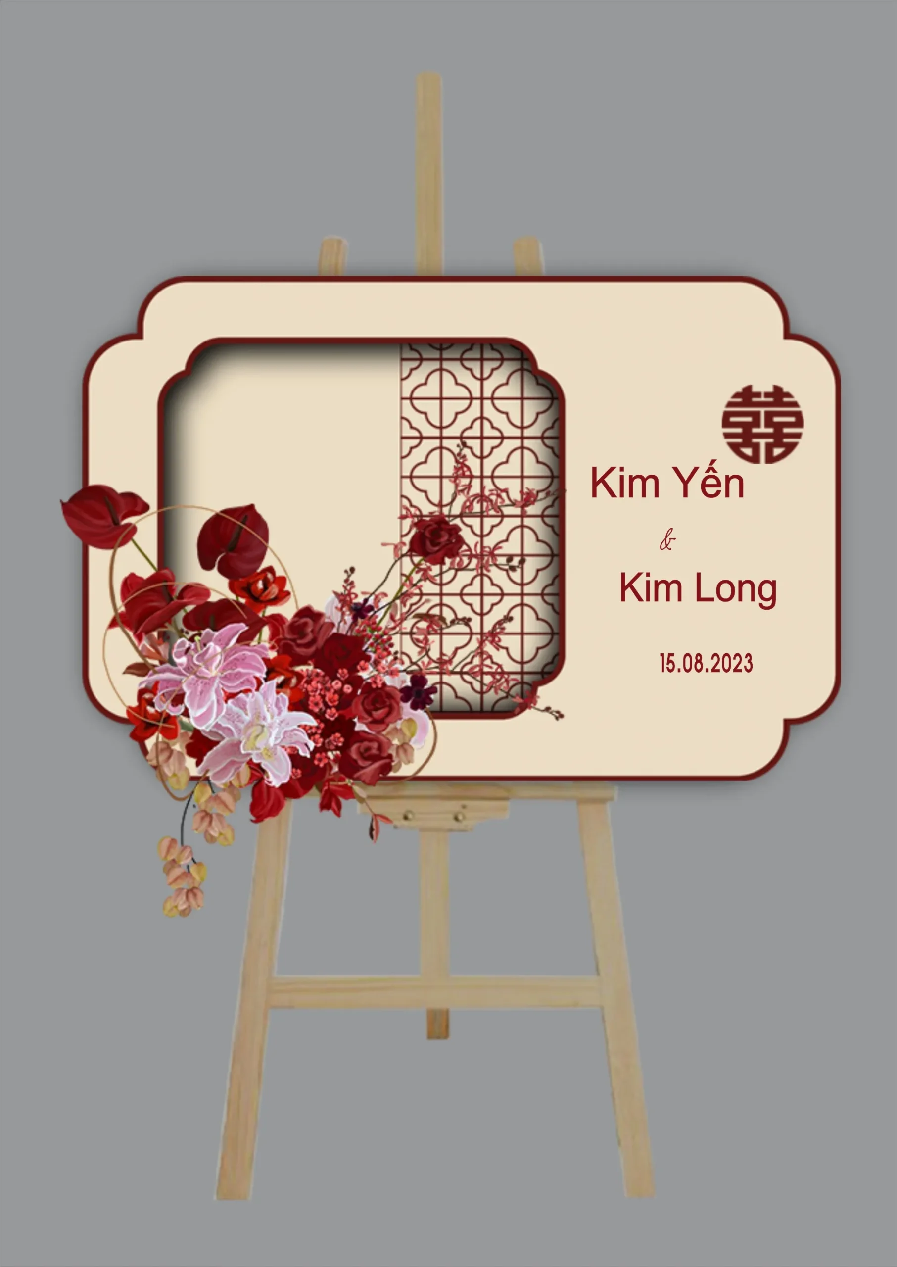 Thiết kế bảng tên đám cưới khung cửa sổ cổ trang