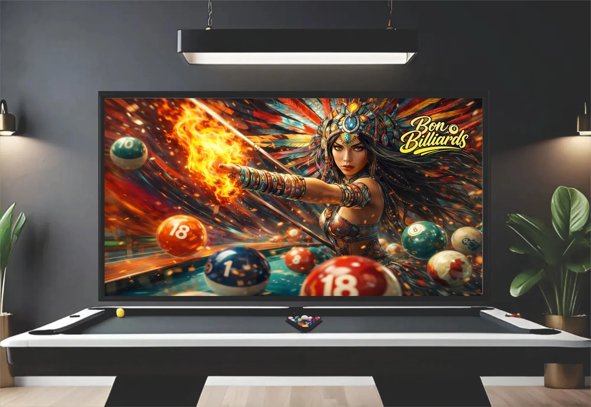 Thiết kế tranh bida nữ chiến binh rực lửa ấn tượng