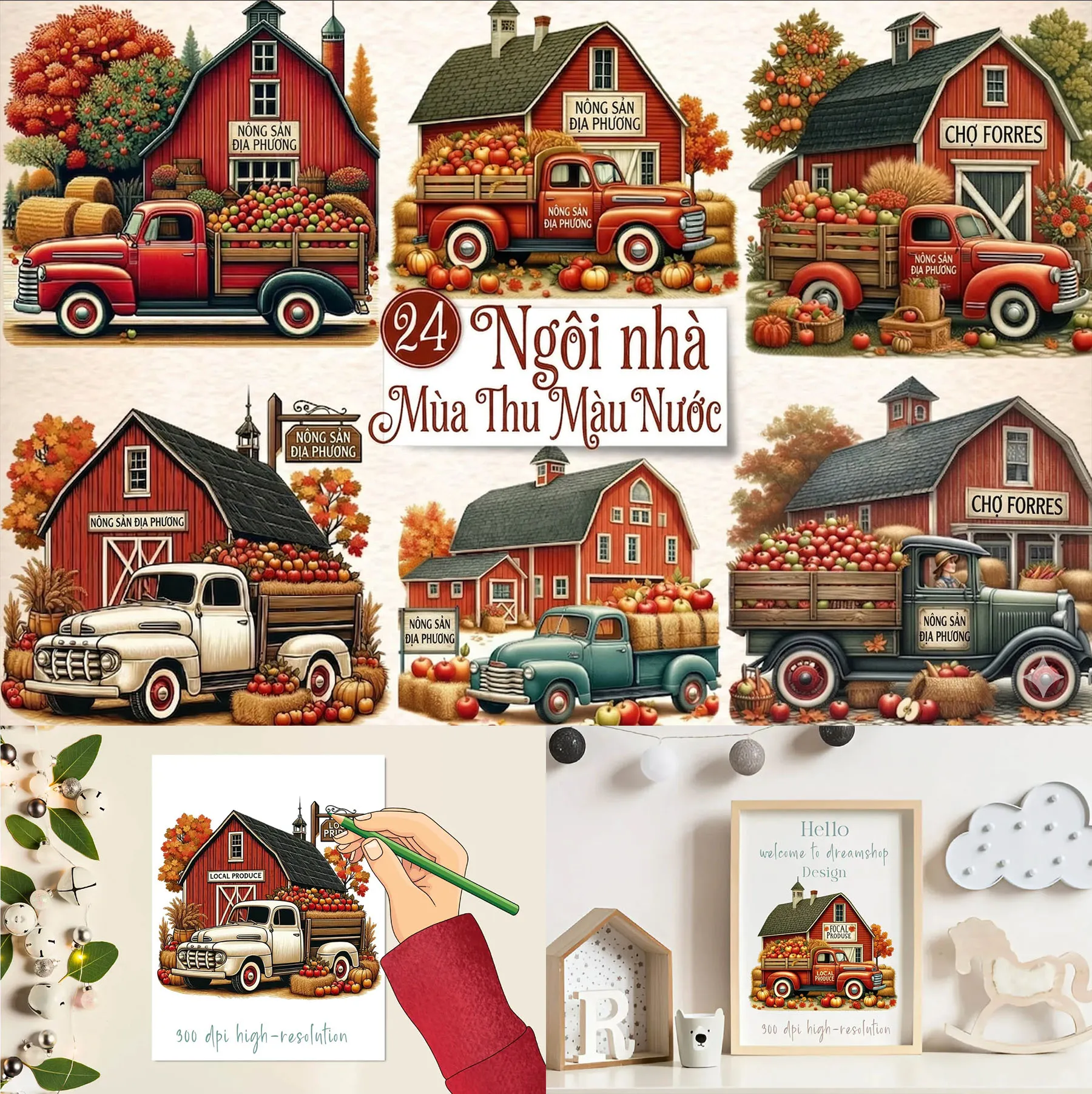 Bộ 24 Ngôi Nhà Nông Trại Mùa Thu Màu Nước