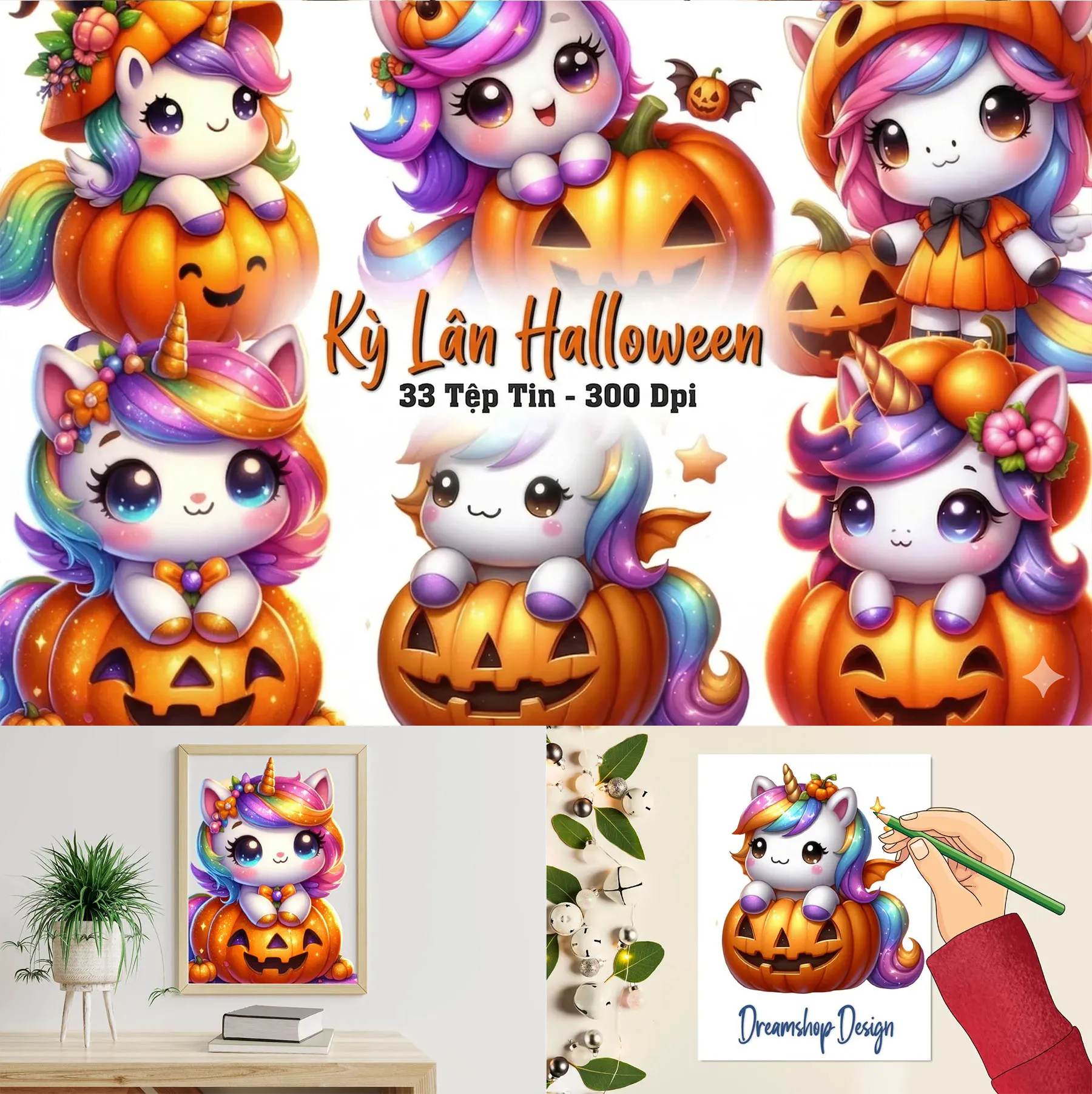 Bộ 33 File Kỳ Lân Halloween Ôm Bí Ngô Dễ Thương