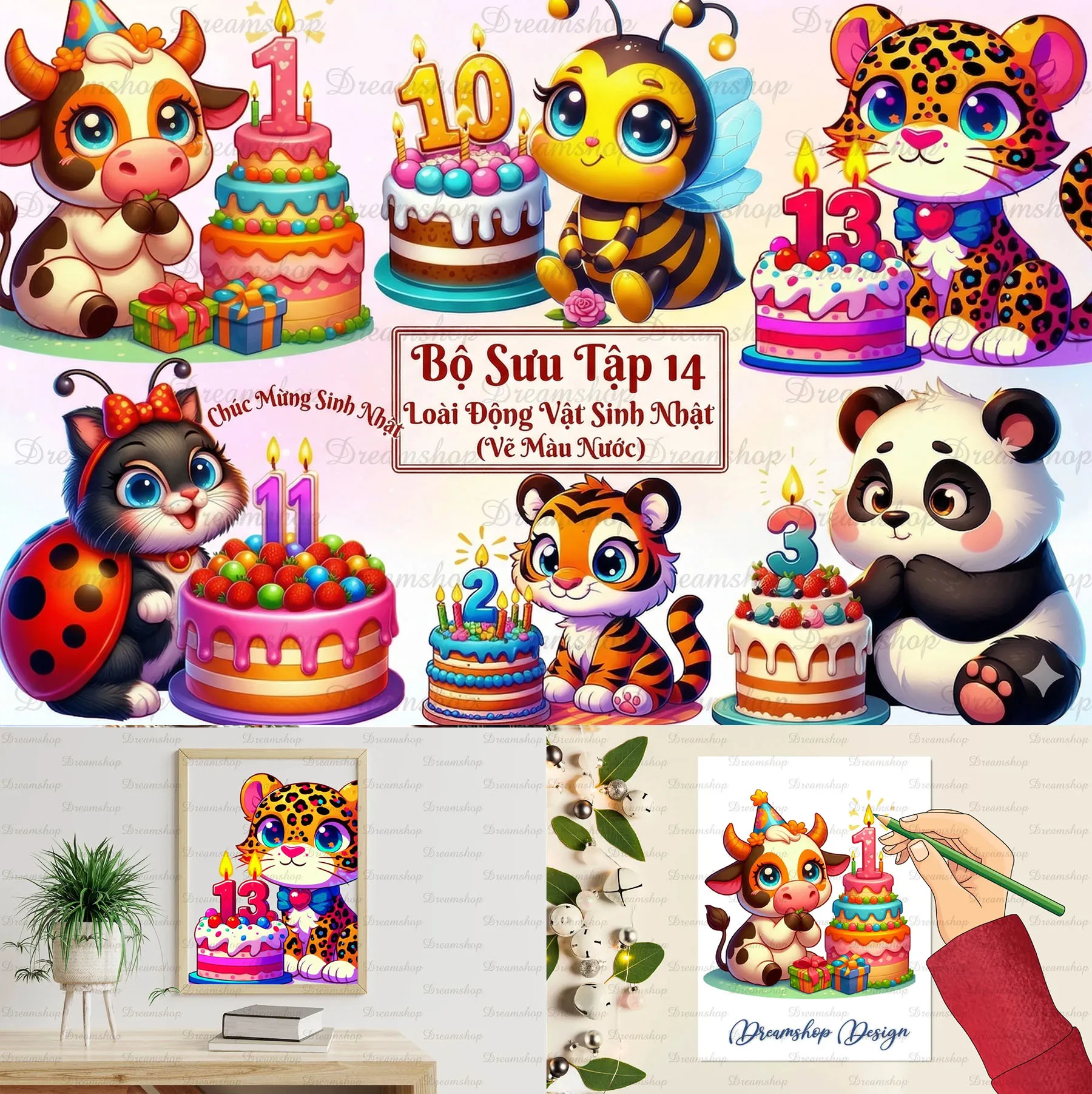 Bộ 14 Động Vật Chúc Mừng Sinh Nhật Vẽ Màu Nước