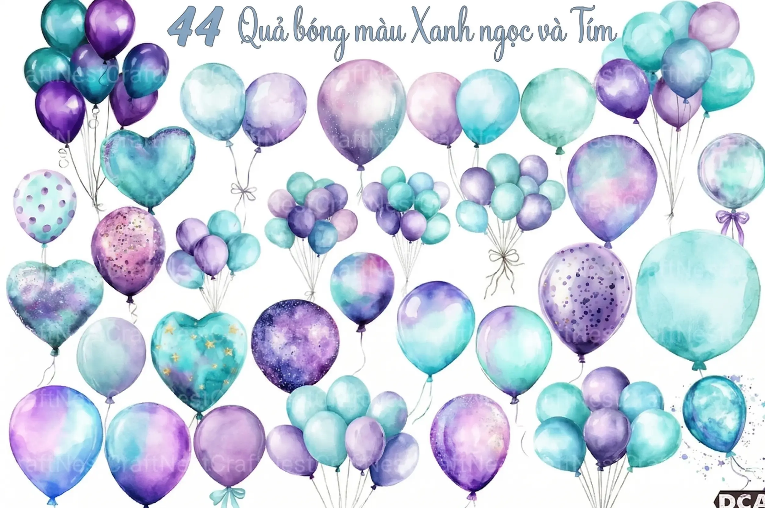 Bộ 44 Clipart Quả Bóng Bay Xanh Ngọc Và Tím Màu Nước