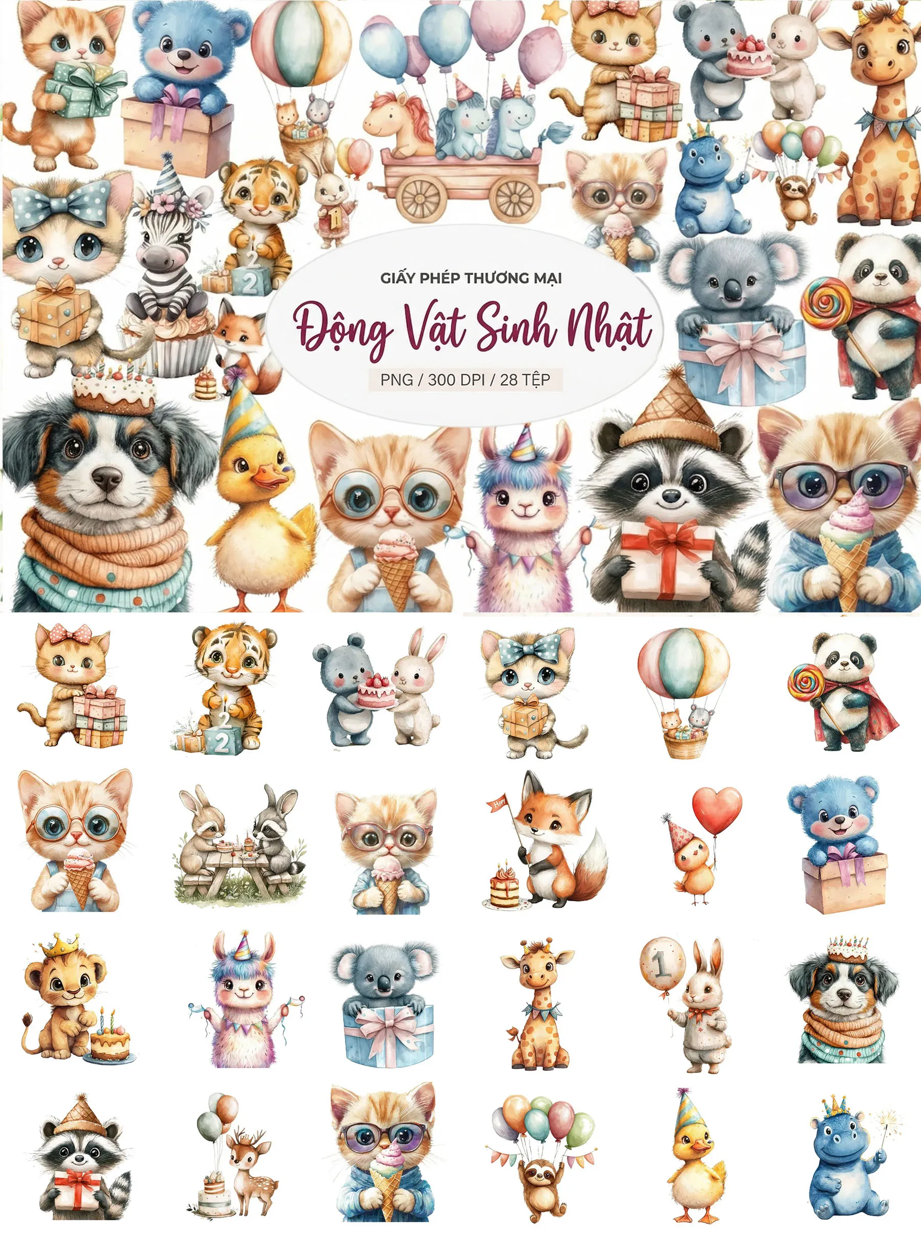 Bộ 28 File PNG Động Vật Sinh Nhật Đáng Yêu (Giấy Phép Thương Mại)