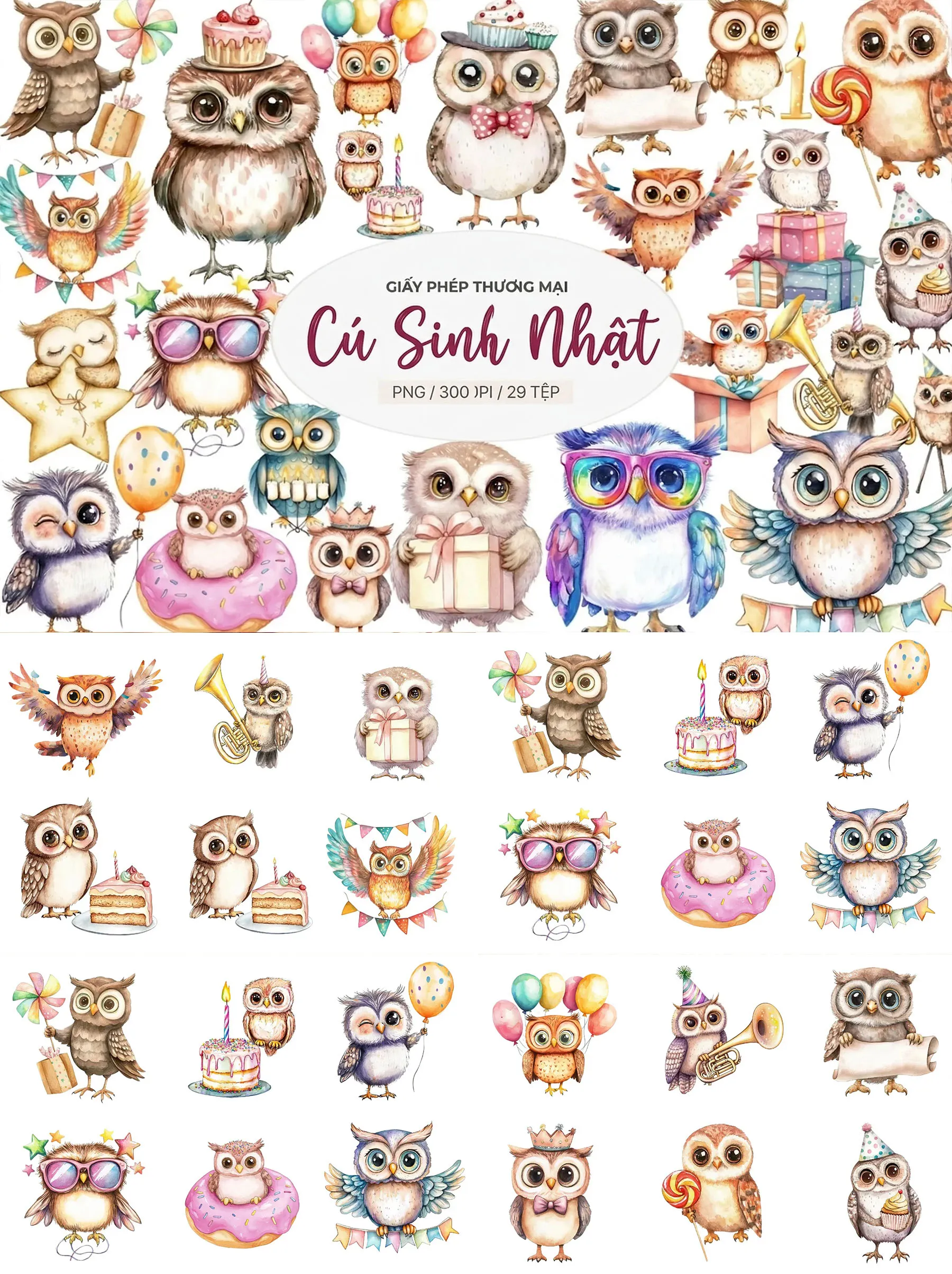 Bộ 29 Thiết Kế Cú Mèo Sinh Nhật Vui Nhộn