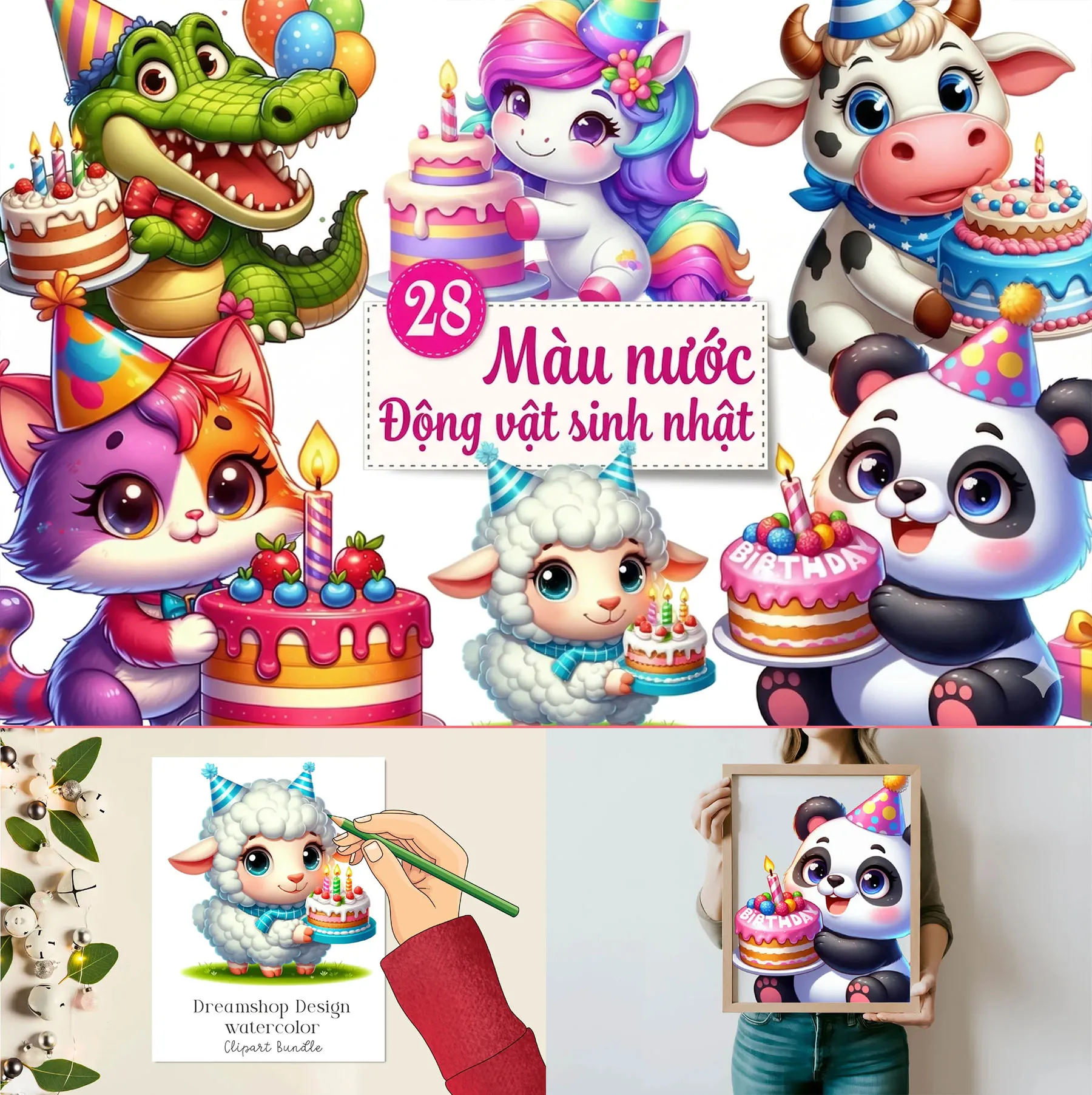 Bộ 28 Clipart Thú Cưng Ôm Bánh Sinh Nhật Màu Nước