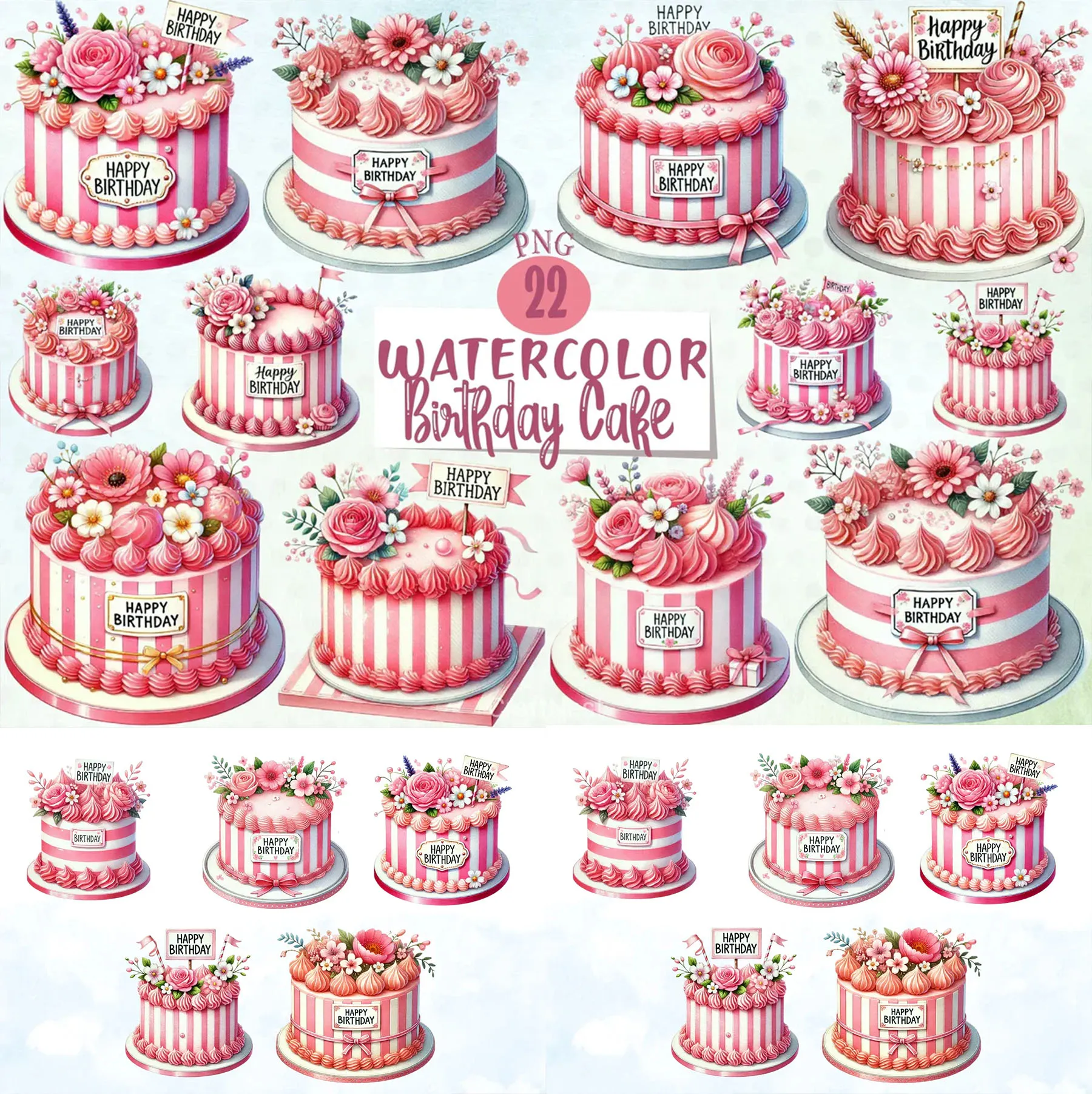 Bộ 22 Clipart Bánh Kem Sinh Nhật Màu Hồng Màu Nước