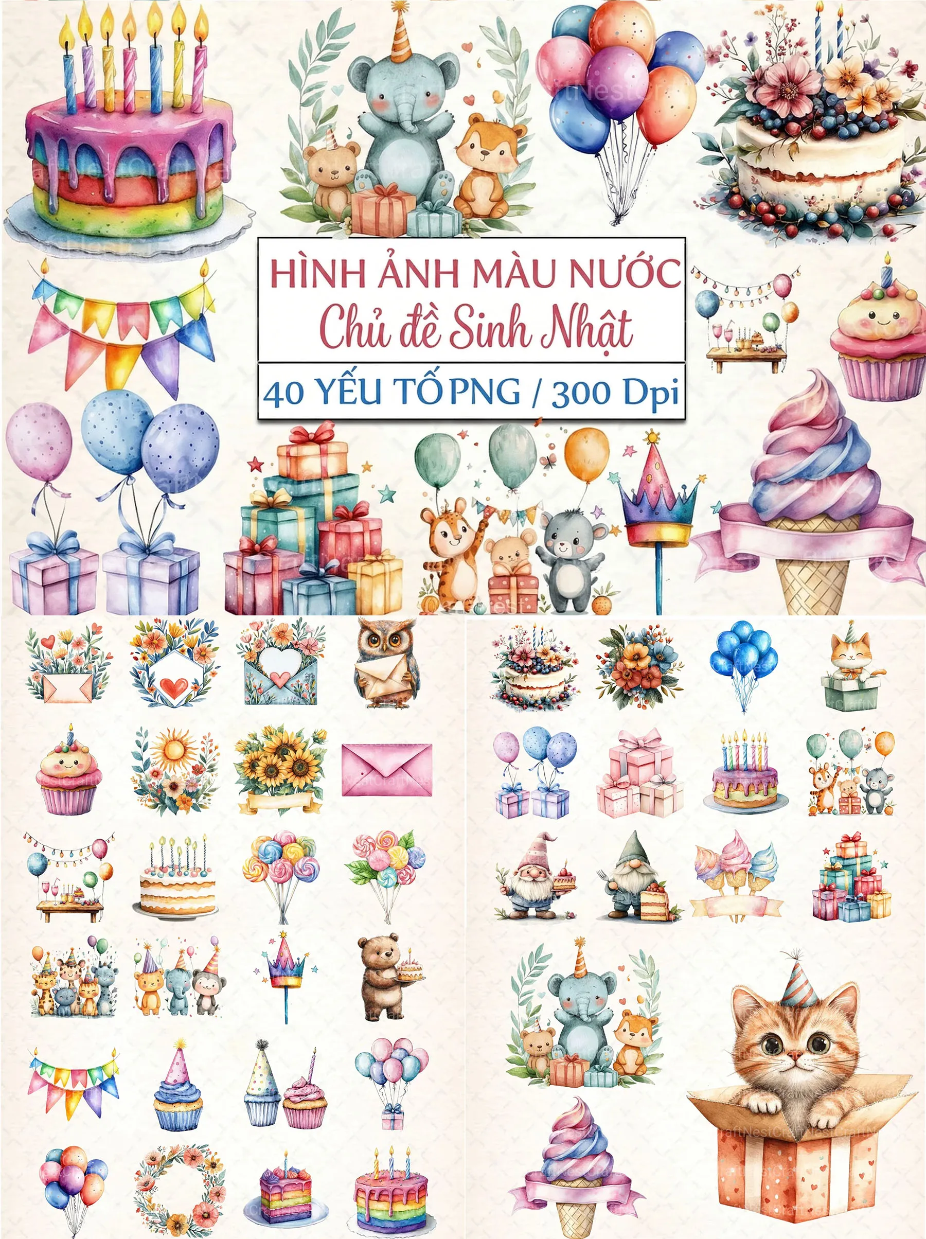 Bộ 40 Clipart Màu Nước Chủ Đề Sinh Nhật Dễ Thương