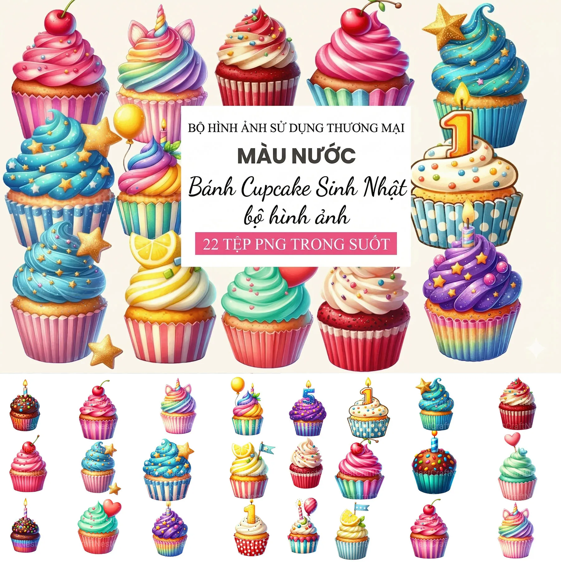 Bộ 22 Bánh Cupcake Sinh Nhật Màu Nước Đa Dạng