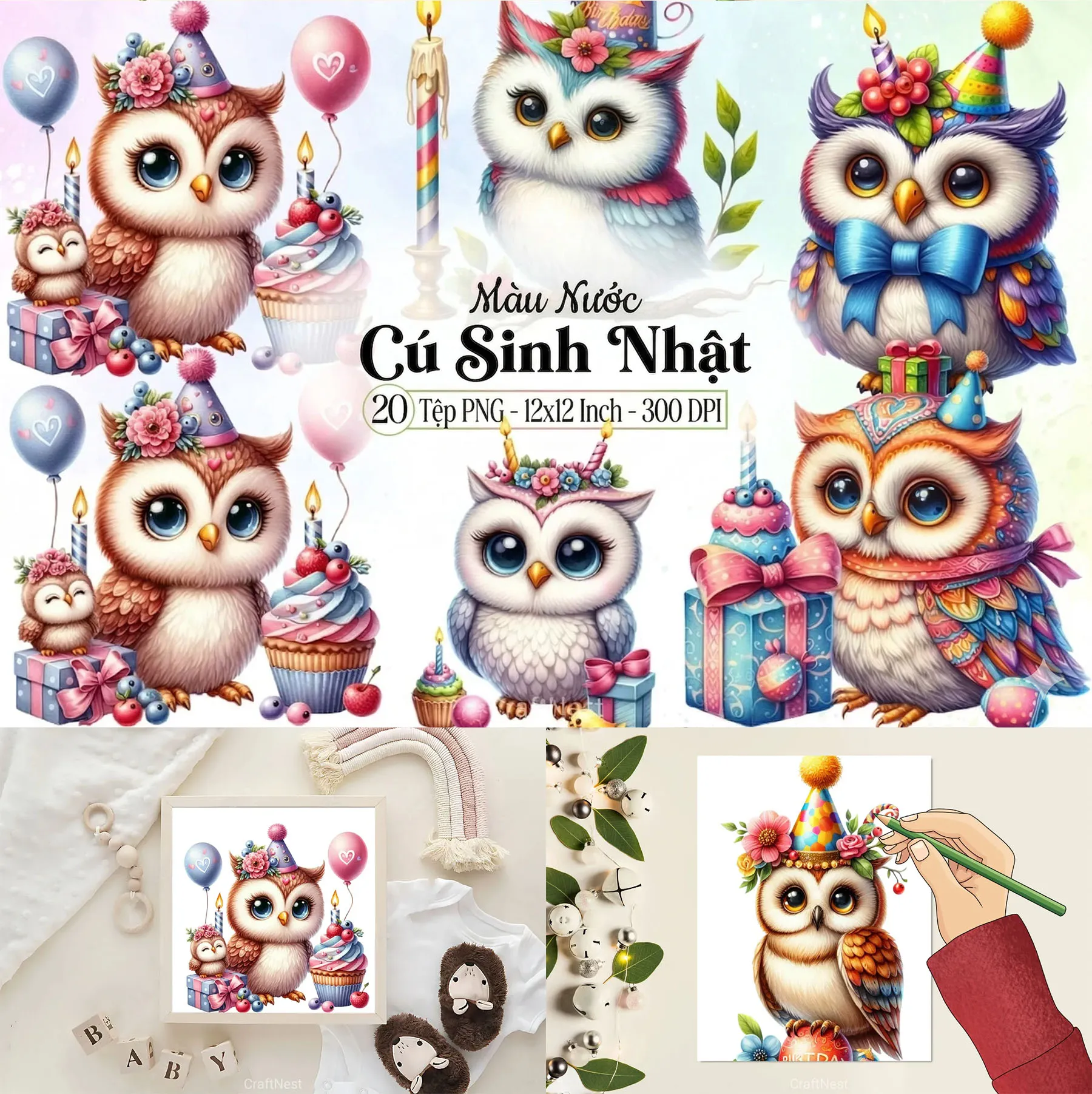 Bộ 20 Thiết Kế Cú Sinh Nhật Đội Mũ Chóp Đáng Yêu