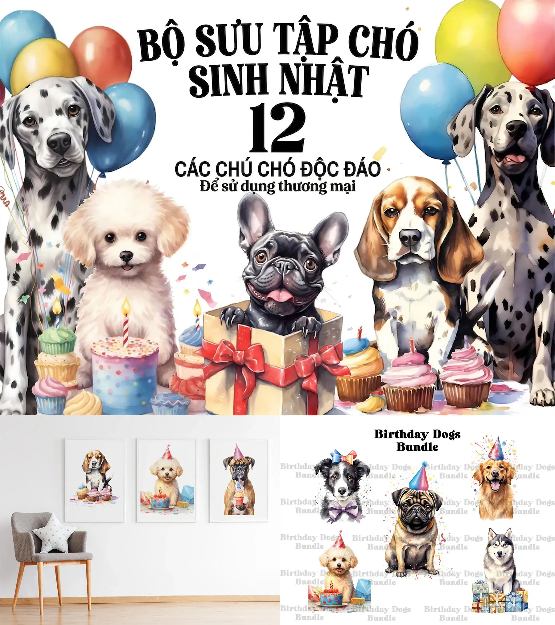 Bộ 12 Clipart Chó Chúc Mừng Sinh Nhật Sinh Động